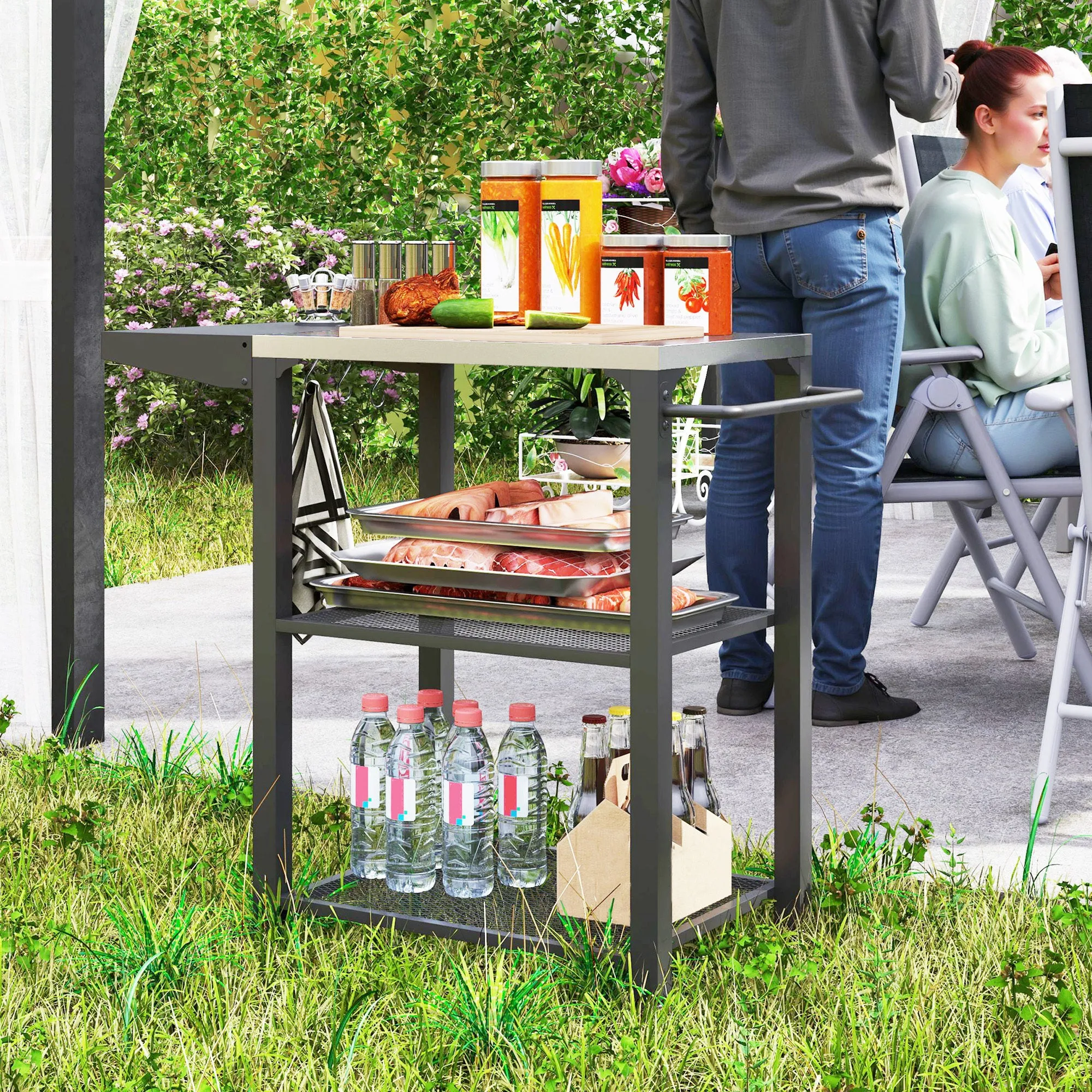 3-Shelf Outdoor Grill Cart with Foldable Side Table, 22" x 16.1" Pizza Oven Stand with Stainless Steel Tabletop, Hooks, Movable Food Prep Table on Wheels