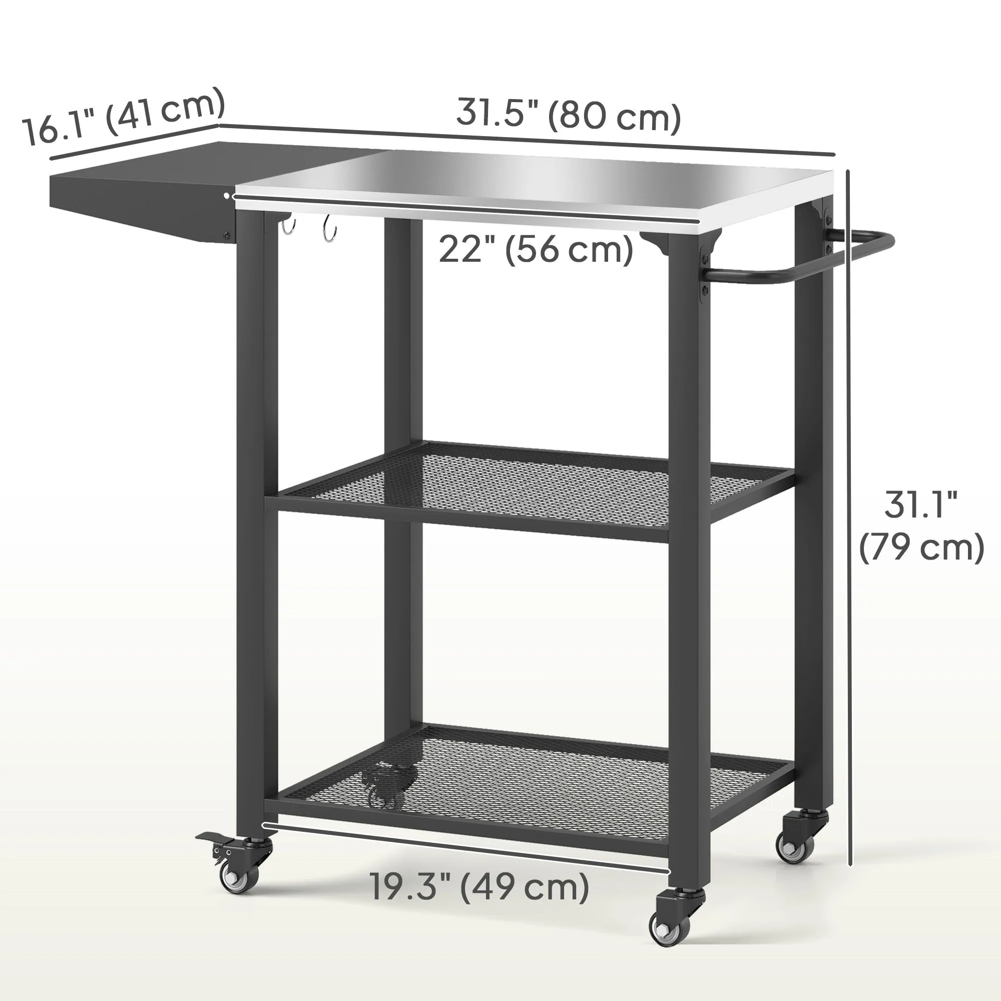 3-Shelf Outdoor Grill Cart with Foldable Side Table, 22" x 16.1" Pizza Oven Stand with Stainless Steel Tabletop, Hooks, Movable Food Prep Table on Wheels