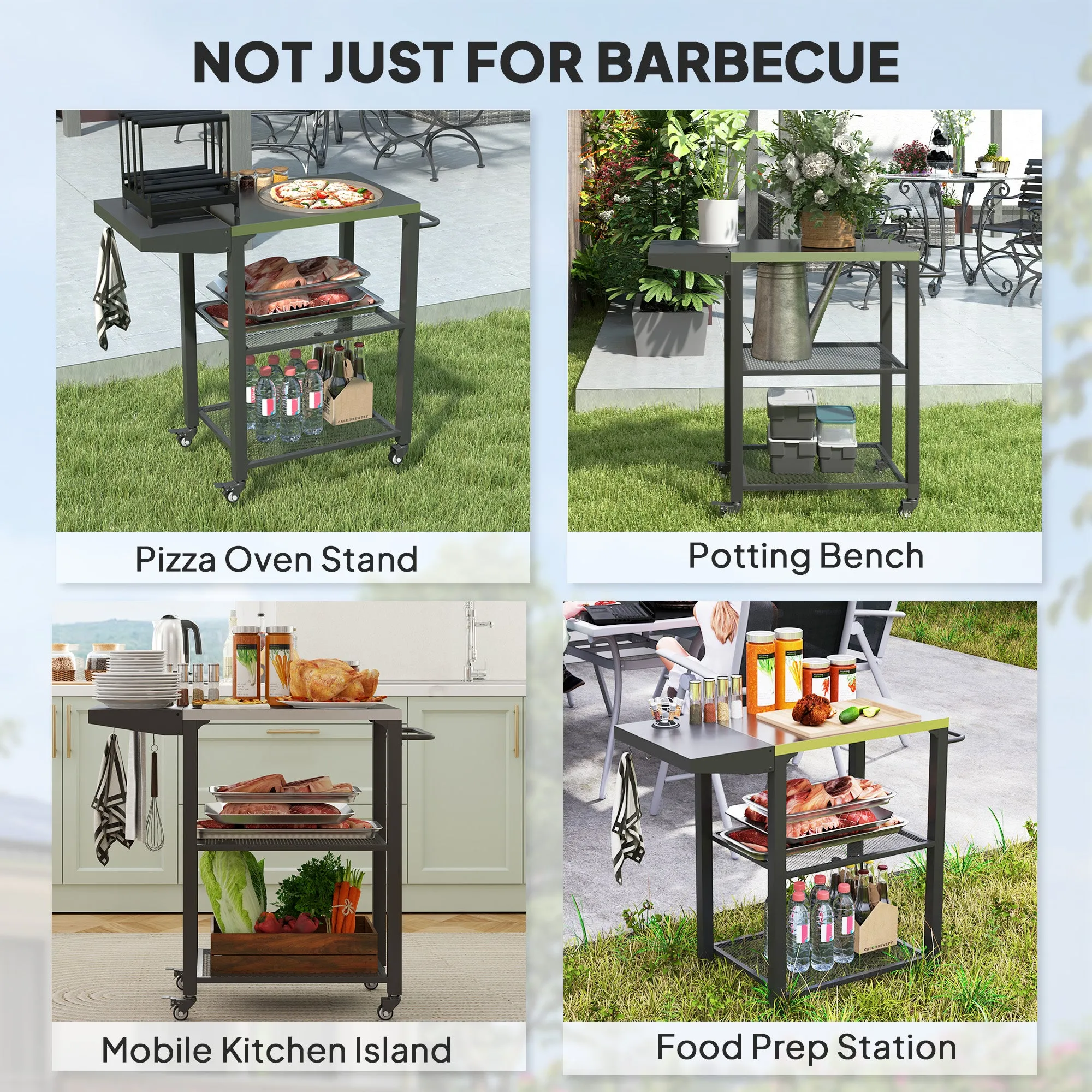 3-Shelf Outdoor Grill Cart with Foldable Side Table, 22" x 16.1" Pizza Oven Stand with Stainless Steel Tabletop, Hooks, Movable Food Prep Table on Wheels