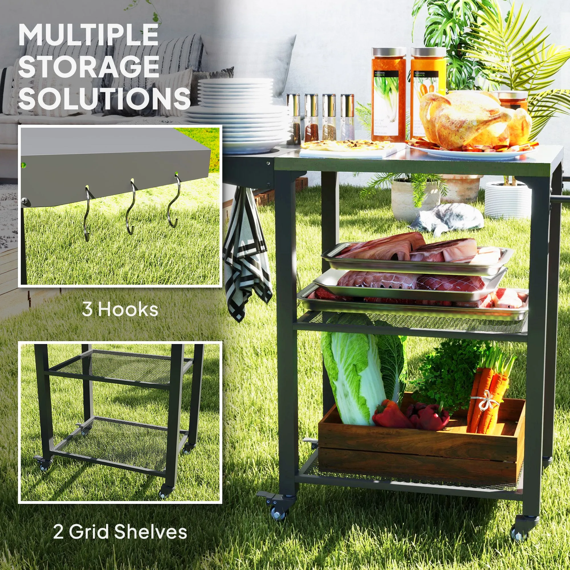 3-Shelf Outdoor Grill Cart with Foldable Side Table, 22" x 16.1" Pizza Oven Stand with Stainless Steel Tabletop, Hooks, Movable Food Prep Table on Wheels