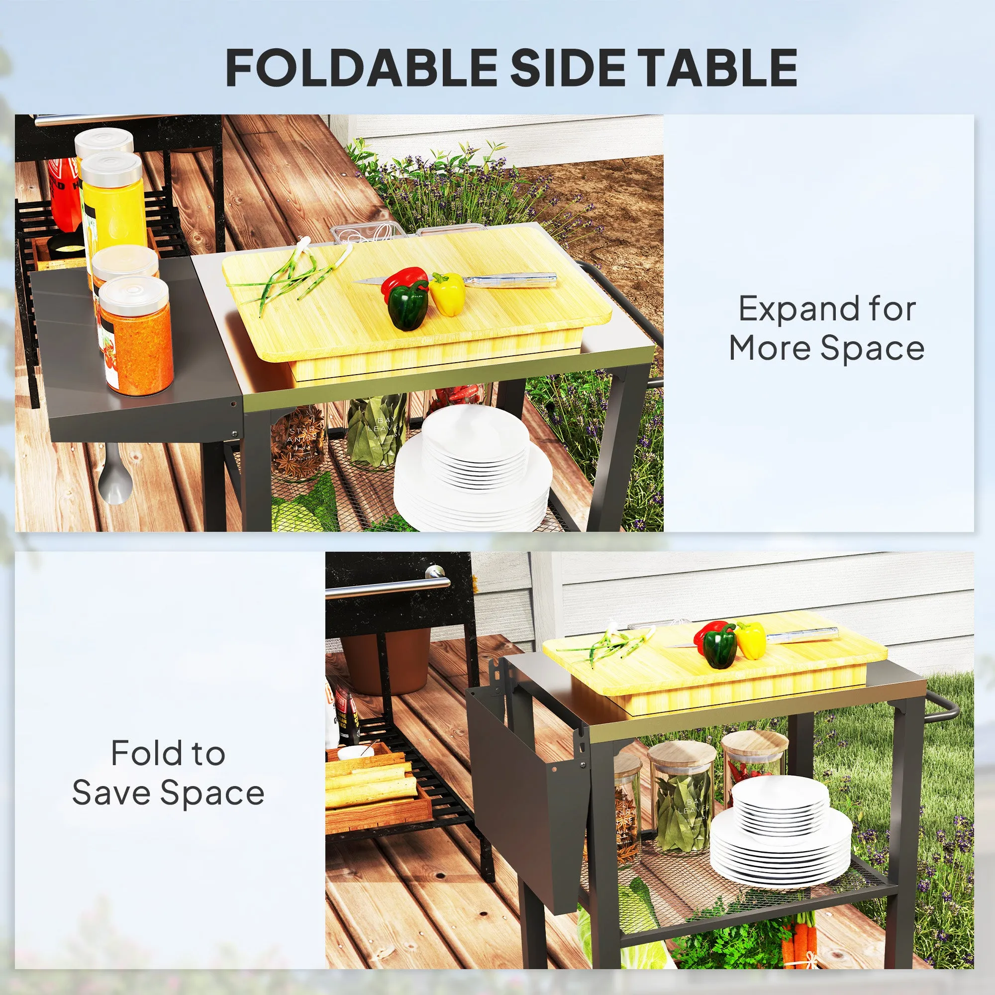 3-Shelf Outdoor Grill Cart with Foldable Side Table, 22" x 16.1" Pizza Oven Stand with Stainless Steel Tabletop, Hooks, Movable Food Prep Table on Wheels