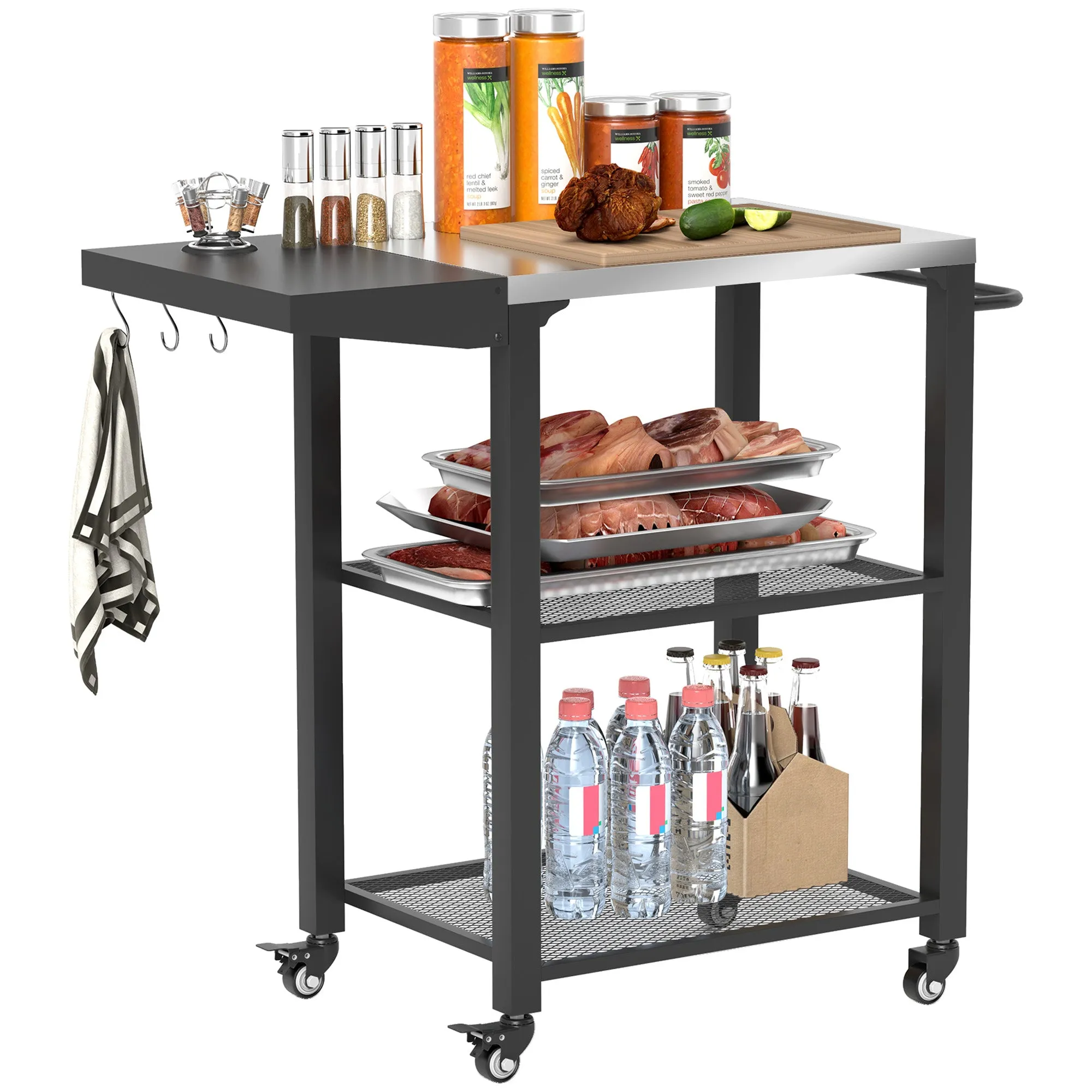 3-Shelf Outdoor Grill Cart with Foldable Side Table, 22" x 16.1" Pizza Oven Stand with Stainless Steel Tabletop, Hooks, Movable Food Prep Table on Wheels