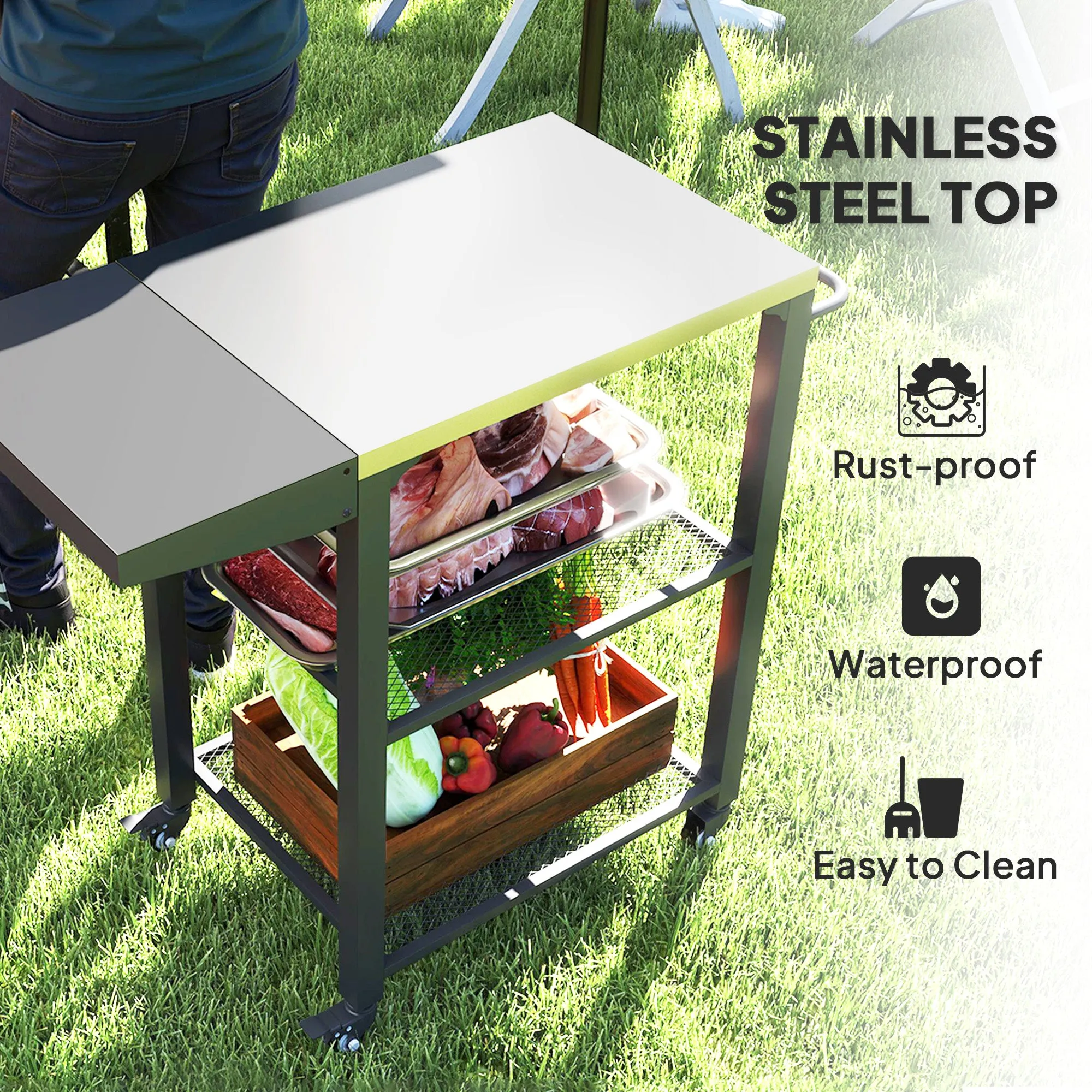 3-Shelf Outdoor Grill Cart with Foldable Side Table, 22" x 16.1" Pizza Oven Stand with Stainless Steel Tabletop, Hooks, Movable Food Prep Table on Wheels