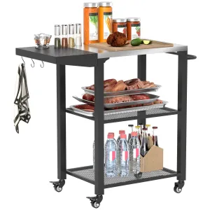 3-Shelf Outdoor Grill Cart with Foldable Side Table, 22" x 16.1" Pizza Oven Stand with Stainless Steel Tabletop, Hooks, Movable Food Prep Table on Wheels