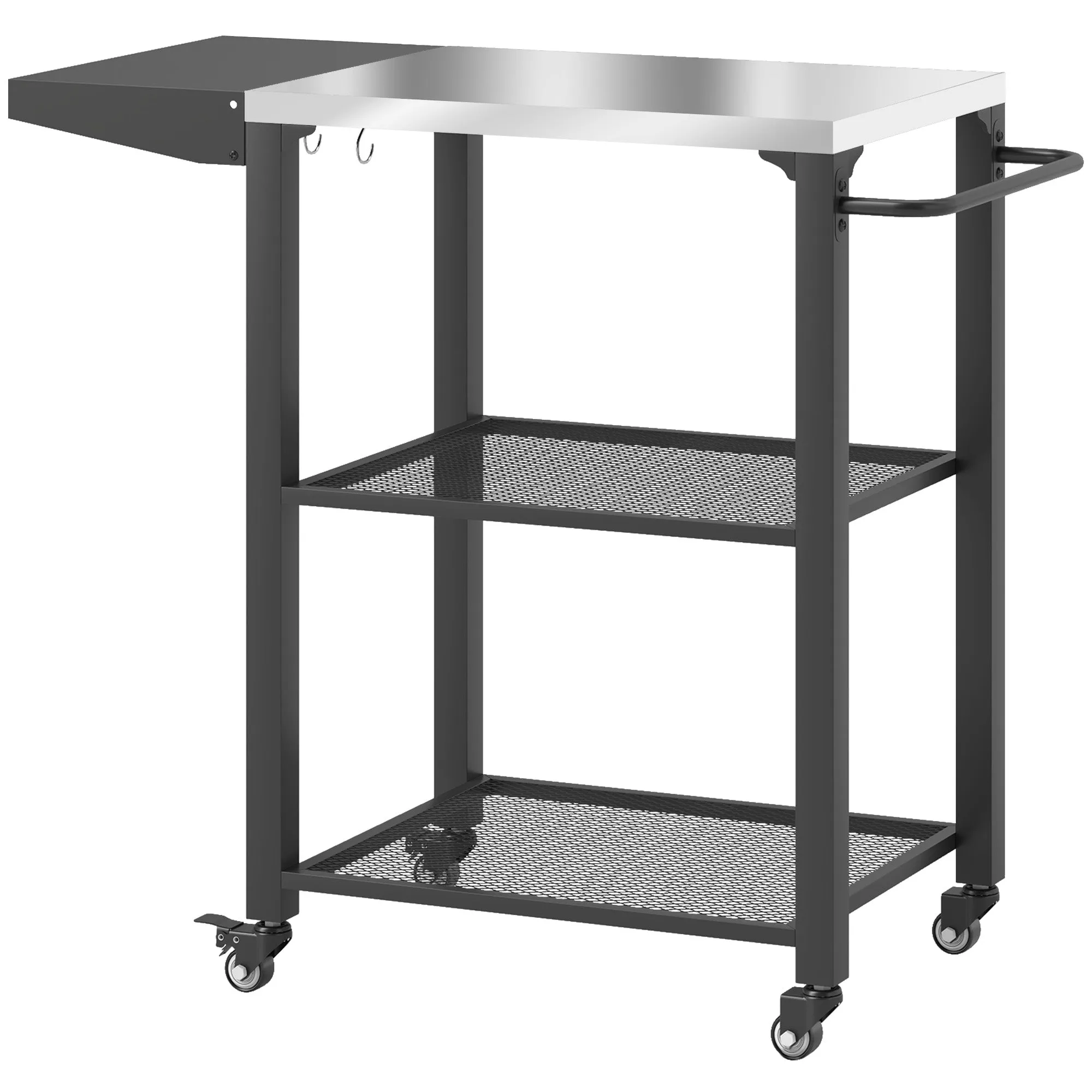 3-Shelf Outdoor Grill Cart with Foldable Side Table, 22" x 16.1" Pizza Oven Stand with Stainless Steel Tabletop, Hooks, Movable Food Prep Table on Wheels