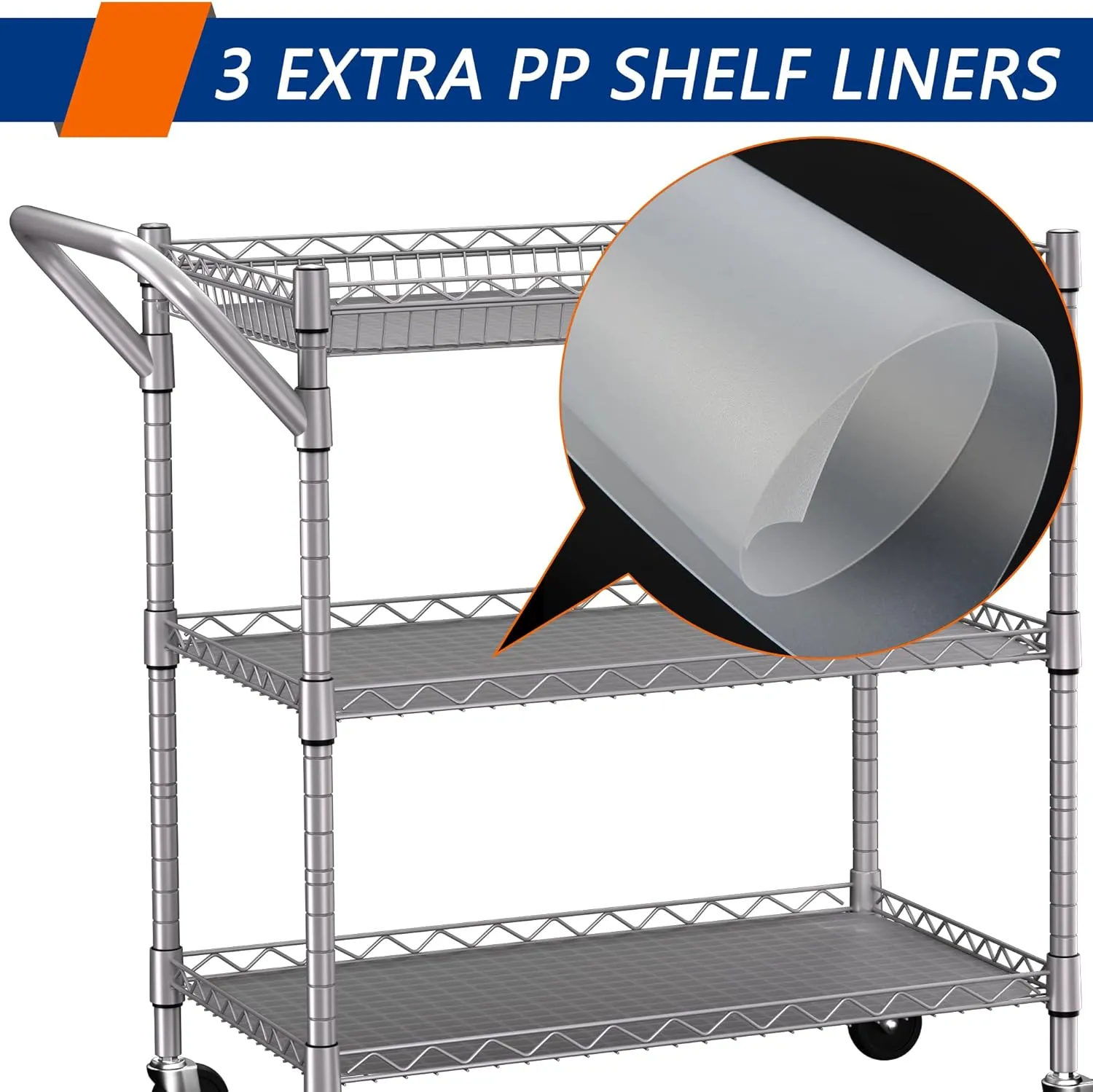 3 Tier Heavy Duty Rolling Utility Cart,18" D x 30" W x 36.6" H Rolling Carts with Wheels,Commercial Grade Metal with Handle Bar & Shelf Liner,Trolley Serving Storage Cart for Kitchen Silver