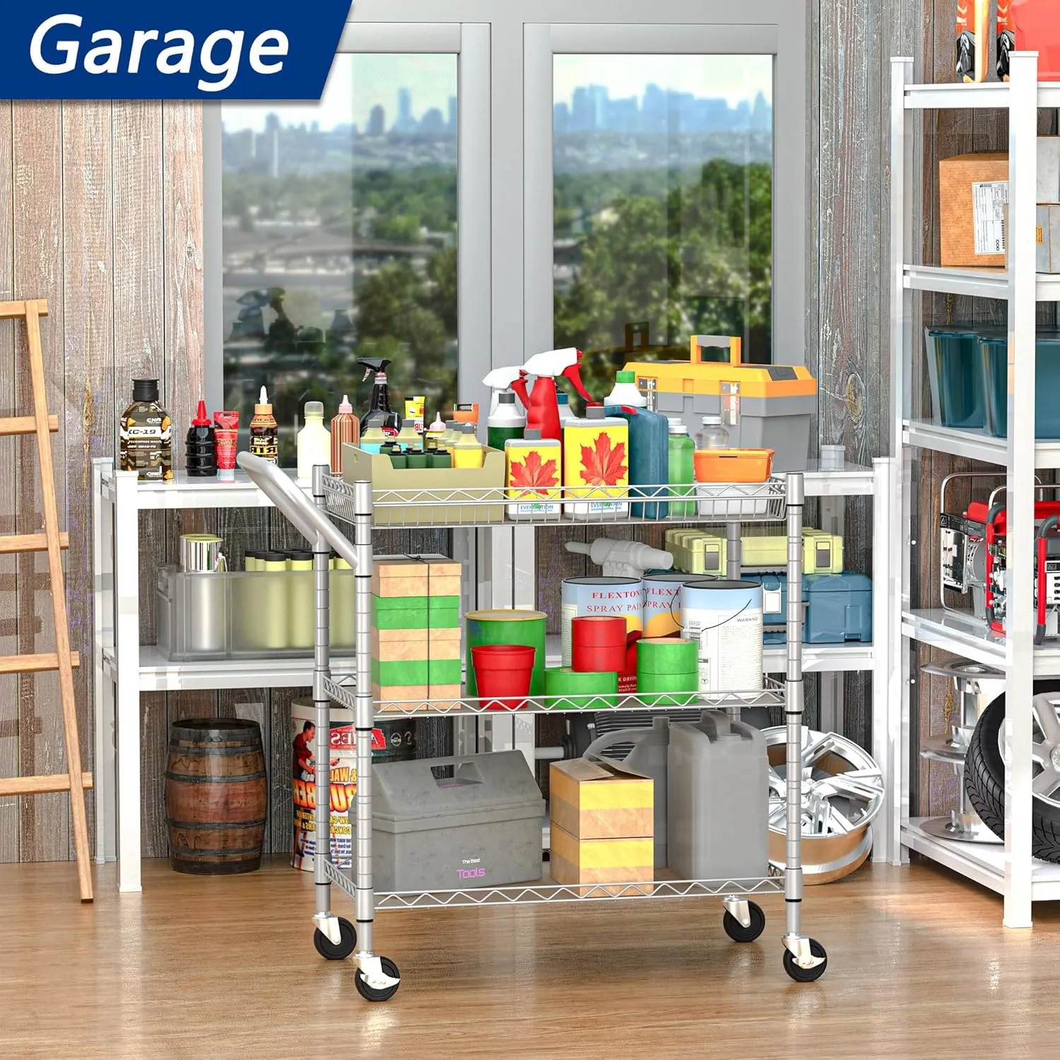 3 Tier Heavy Duty Rolling Utility Cart,18" D x 30" W x 36.6" H Rolling Carts with Wheels,Commercial Grade Metal with Handle Bar & Shelf Liner,Trolley Serving Storage Cart for Kitchen Silver