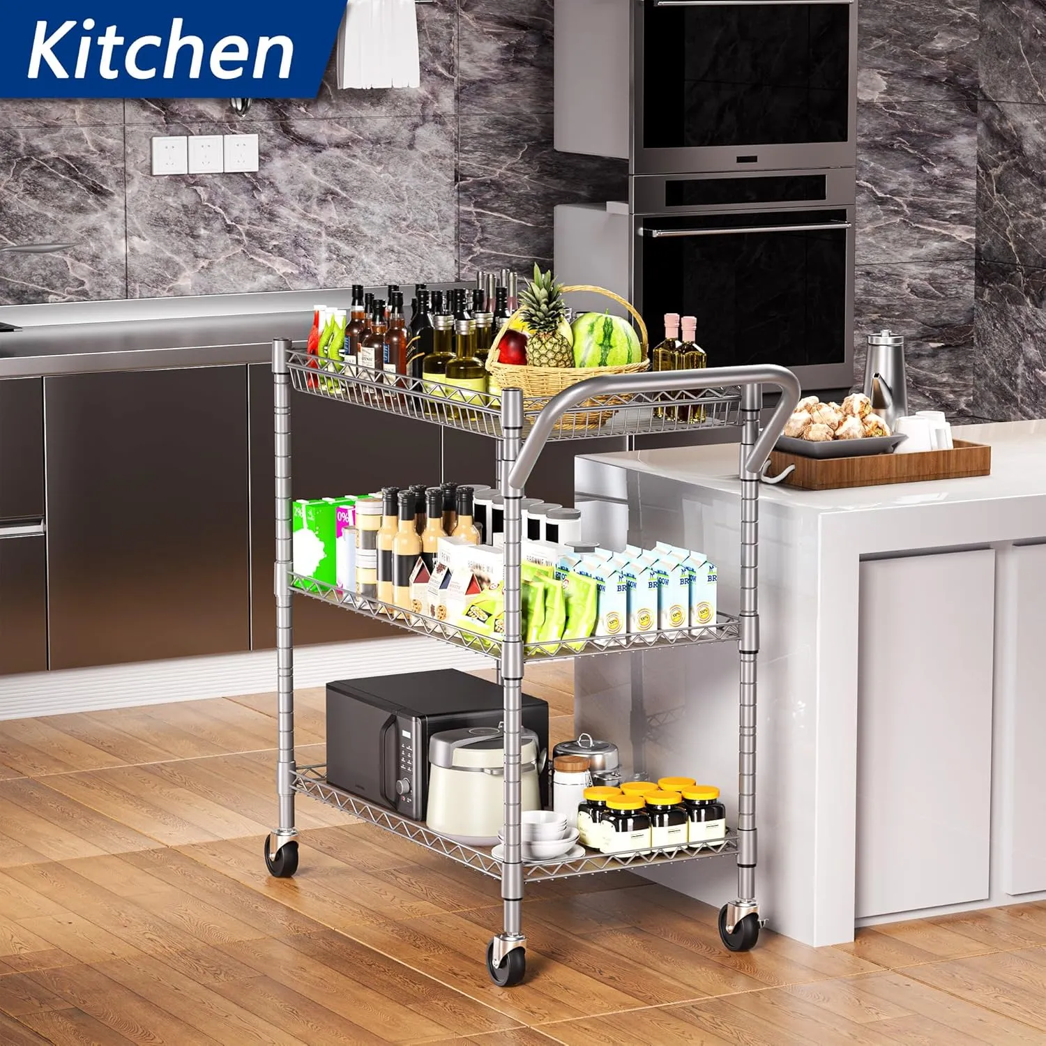 3 Tier Heavy Duty Rolling Utility Cart,18" D x 30" W x 36.6" H Rolling Carts with Wheels,Commercial Grade Metal with Handle Bar & Shelf Liner,Trolley Serving Storage Cart for Kitchen Silver