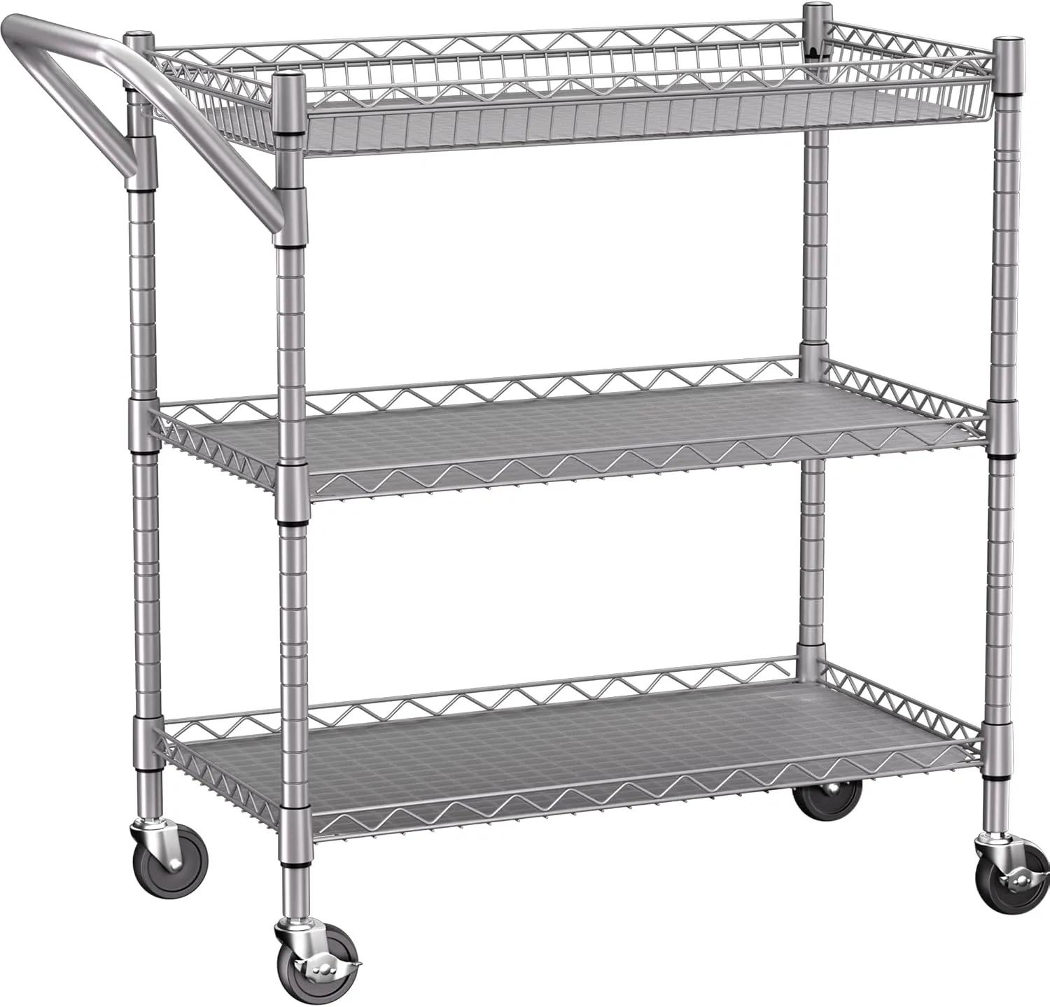 3 Tier Heavy Duty Rolling Utility Cart,18" D x 30" W x 36.6" H Rolling Carts with Wheels,Commercial Grade Metal with Handle Bar & Shelf Liner,Trolley Serving Storage Cart for Kitchen Silver