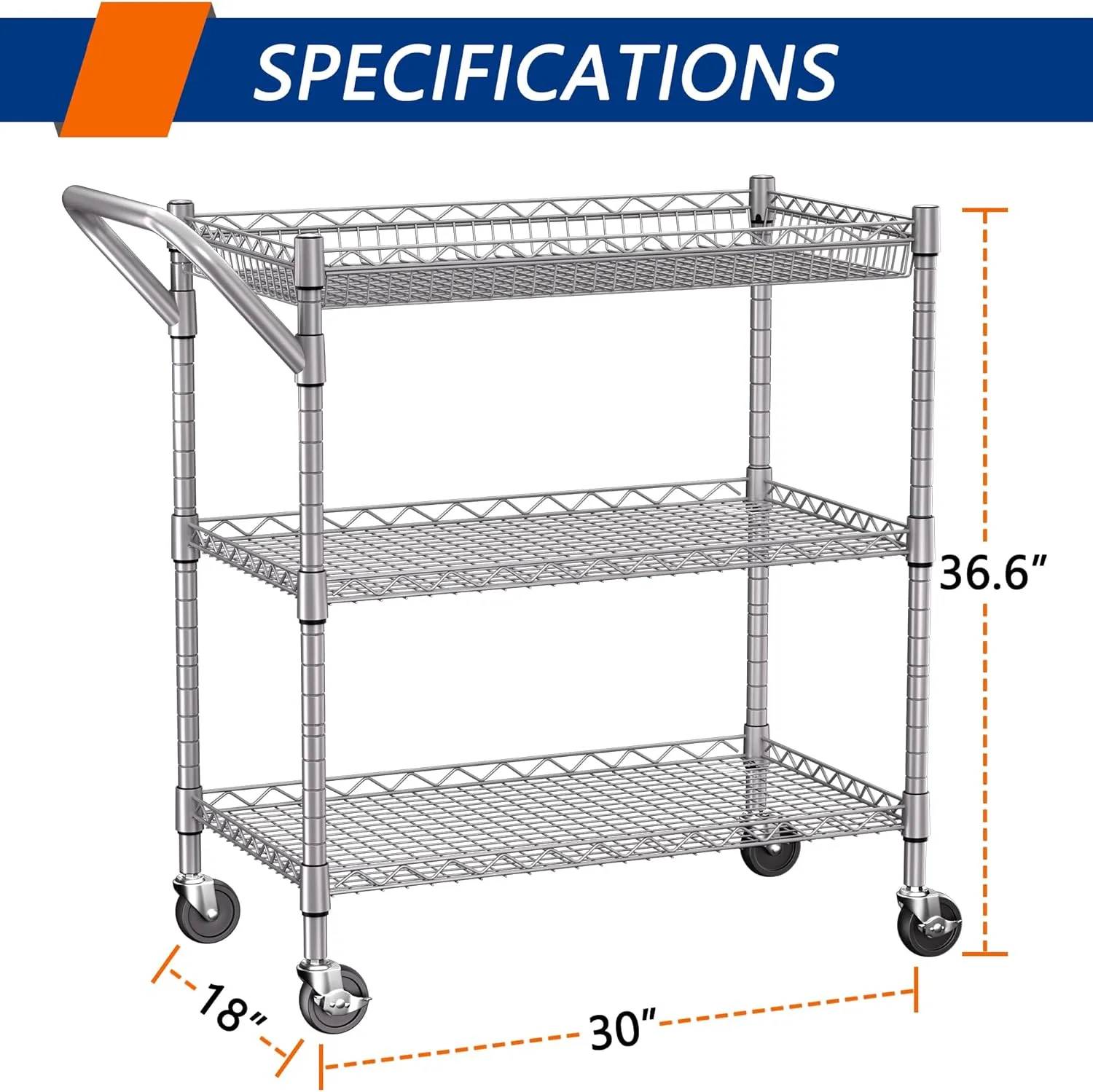 3 Tier Heavy Duty Rolling Utility Cart,18" D x 30" W x 36.6" H Rolling Carts with Wheels,Commercial Grade Metal with Handle Bar & Shelf Liner,Trolley Serving Storage Cart for Kitchen Silver