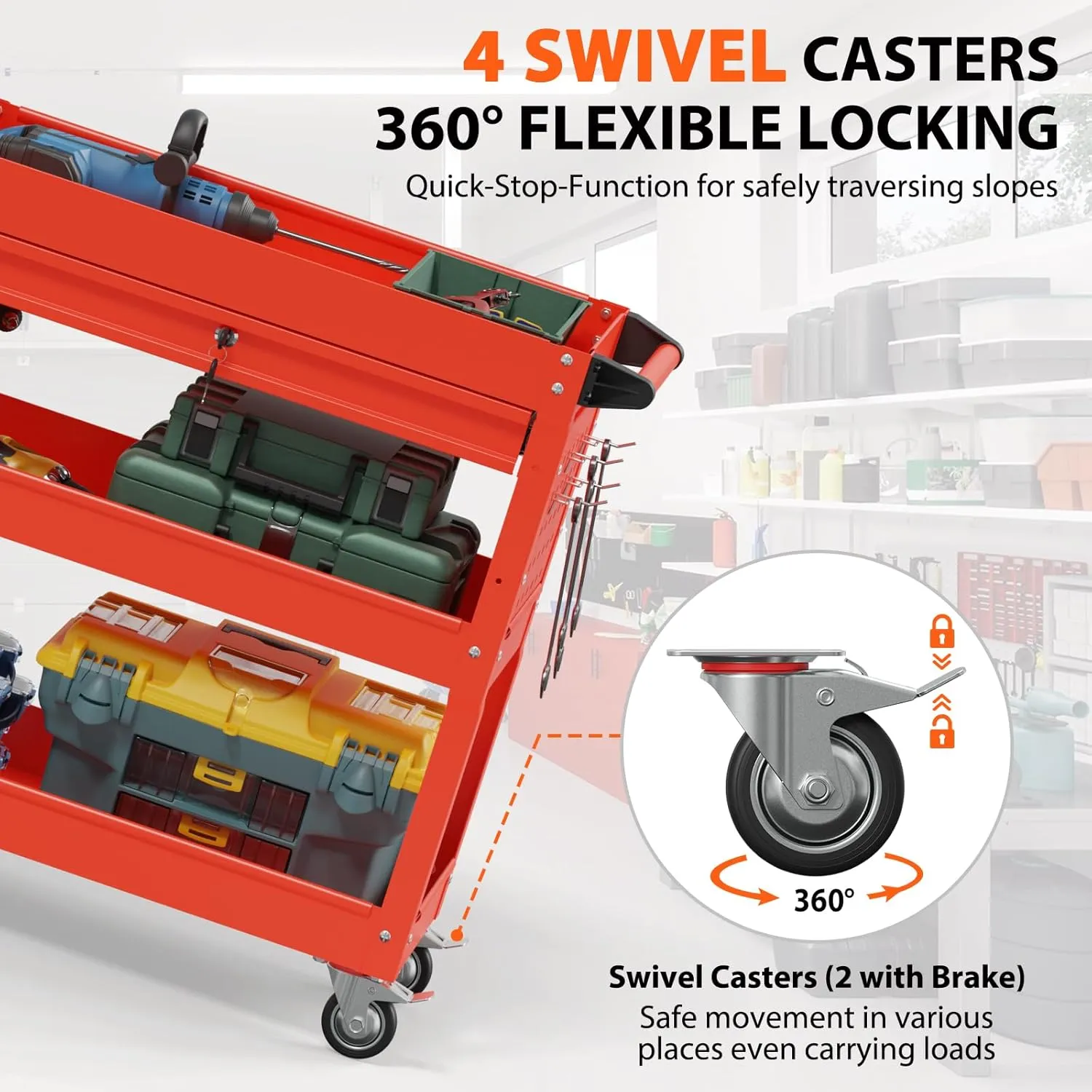 3-Tier Heavy Duty Utility Cart on Wheels, Rolling Tool Cart on Wheels with a Drawer, 350 Lbs Load Capacity Rolling Tool Storage Organizer for Garage, Warehouse and Repair Shop(Red)