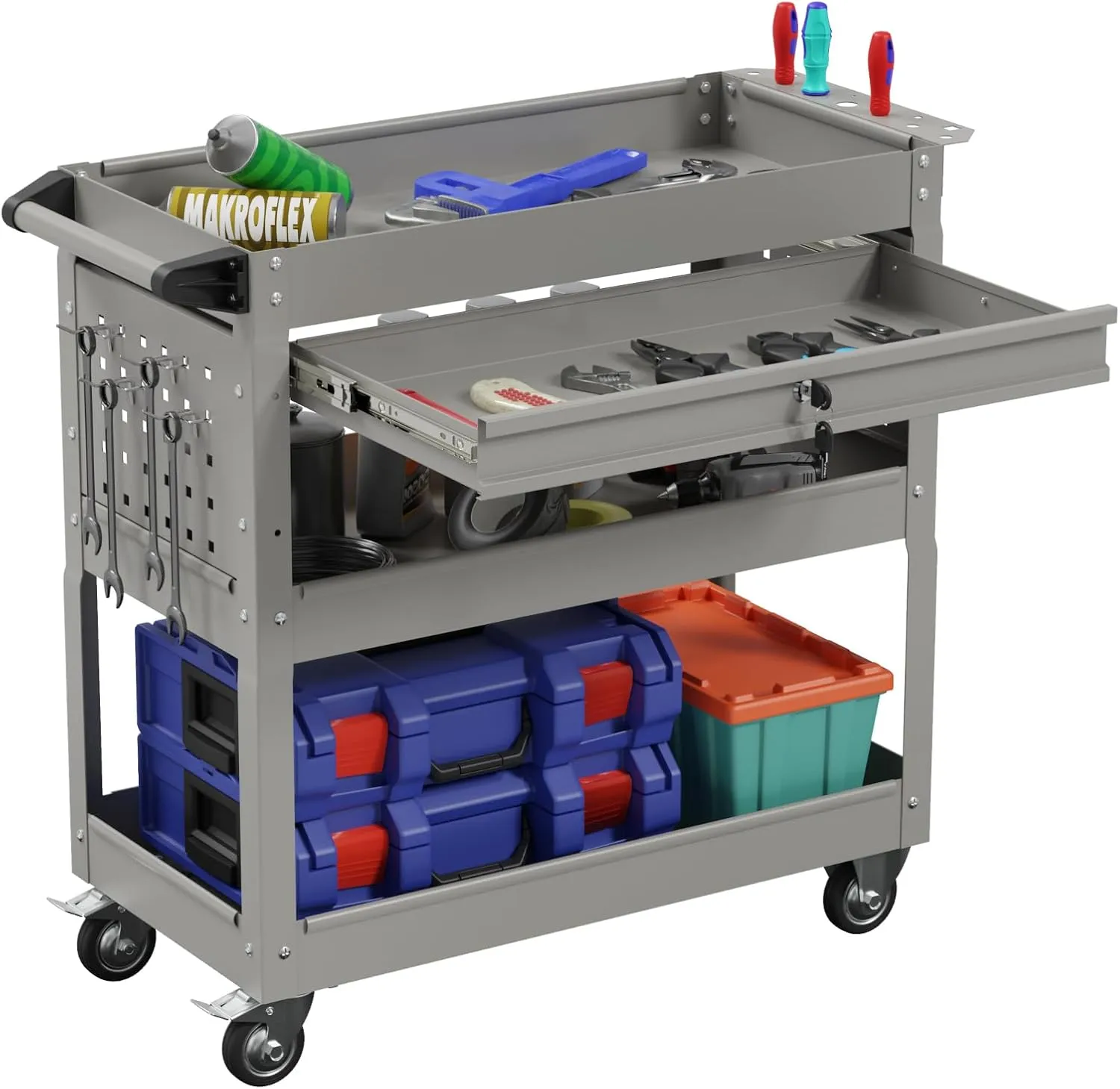 3-Tier Heavy Duty Utility Cart on Wheels, Rolling Tool Cart on Wheels with a Drawer, 350 Lbs Load Capacity Service Cart for Warehous, Garage and Repair Shop (Grey)