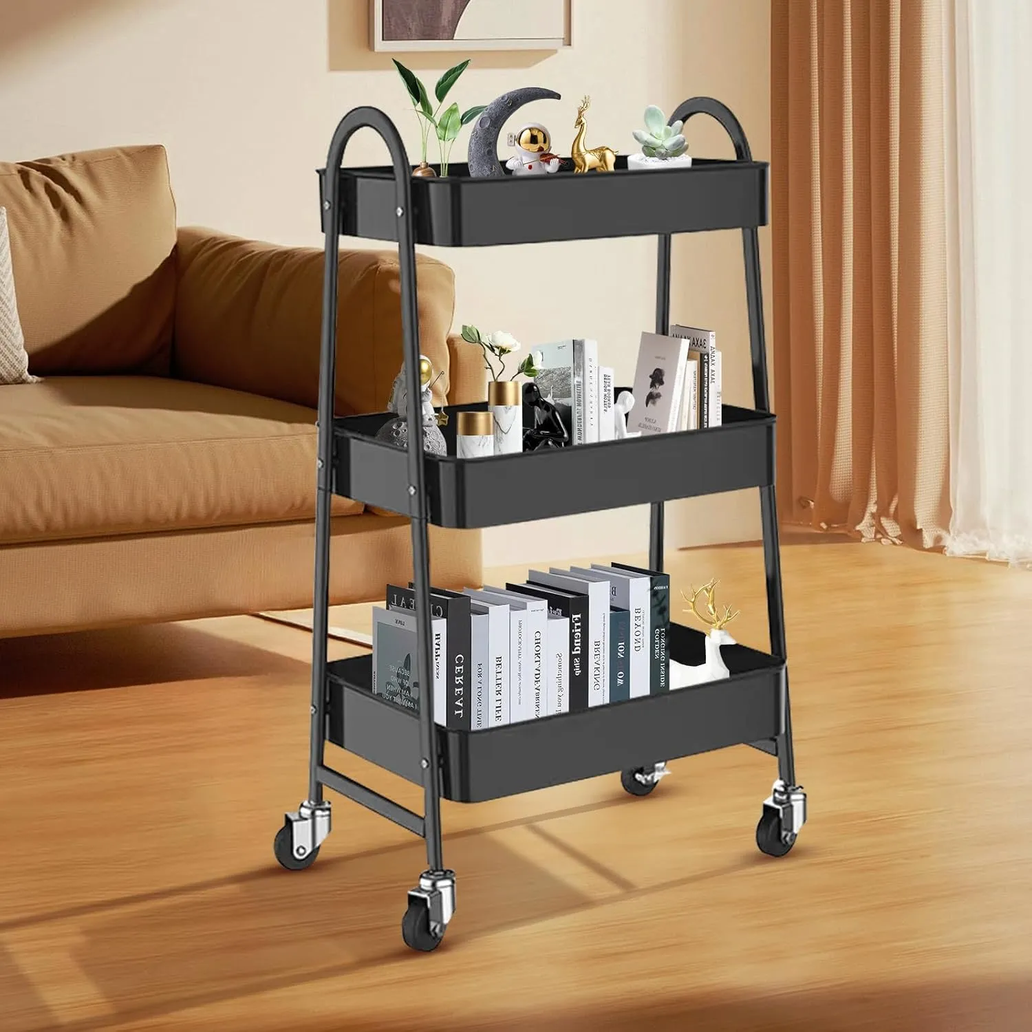3 Tier Metal Rolling Cart with Handle and Lockable Wheel, Multifunctional Utility Cart on Wheel, Heavy Duty Storage Cart with Handle(Black)