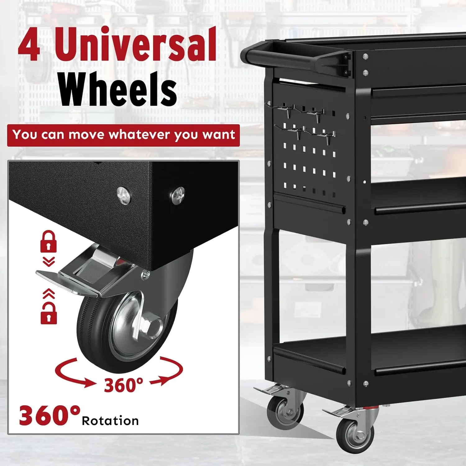 3 Tier Rolling Cart, Heavy Duty Utility Industrial Service Carts on Wheels, Metal Tool Cart with Locked Drawers, Ideal for Garage, Warehouse and Repair Shop（Black）