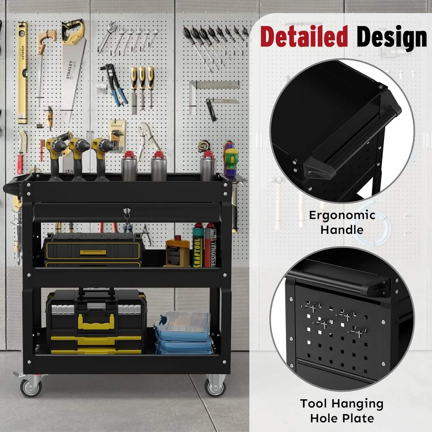 3 Tier Rolling Cart, Heavy Duty Utility Industrial Service Carts on Wheels, Metal Tool Cart with Locked Drawers, Ideal for Garage, Warehouse and Repair Shop（Black）