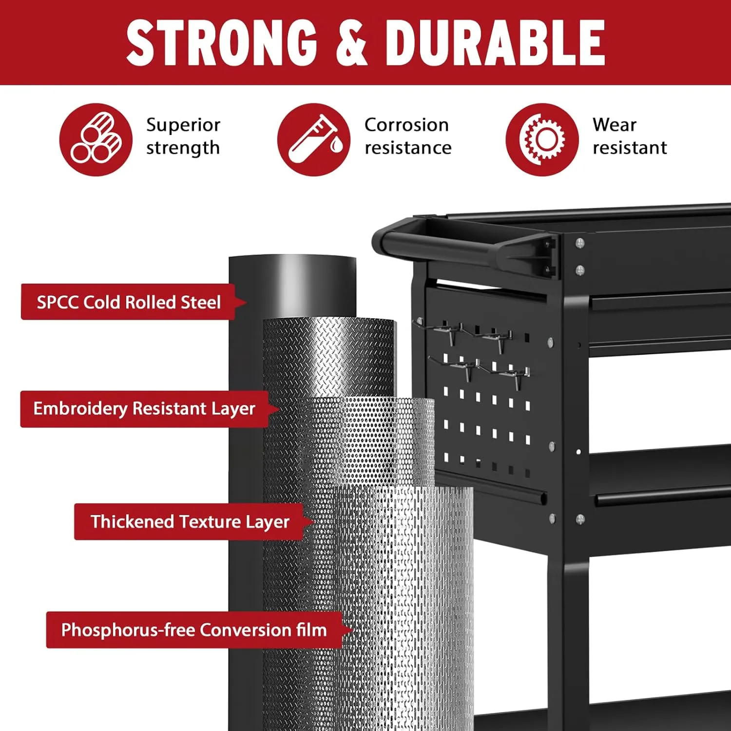 3 Tier Rolling Cart, Heavy Duty Utility Industrial Service Carts on Wheels, Metal Tool Cart with Locked Drawers, Ideal for Garage, Warehouse and Repair Shop（Black）