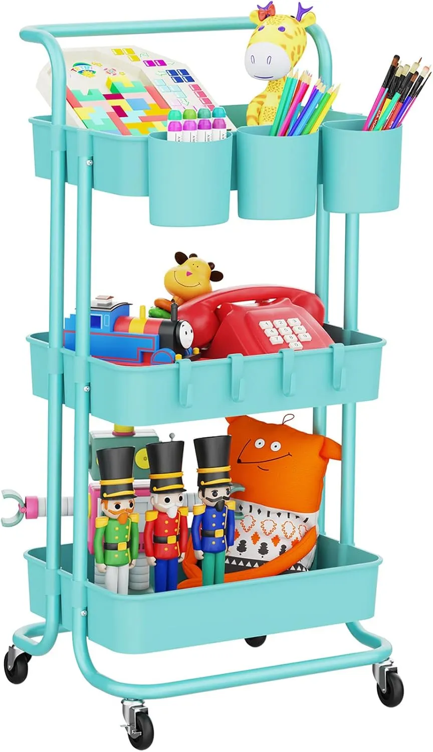 3-Tier Rolling Mobile Utility Cart with Hanging Cups & Hooks & Handle Multifunctional Organizer Storage Trolley Service Cart with Wheels Easy Assembly for Office, Bathroom, Kitchen (Blue)