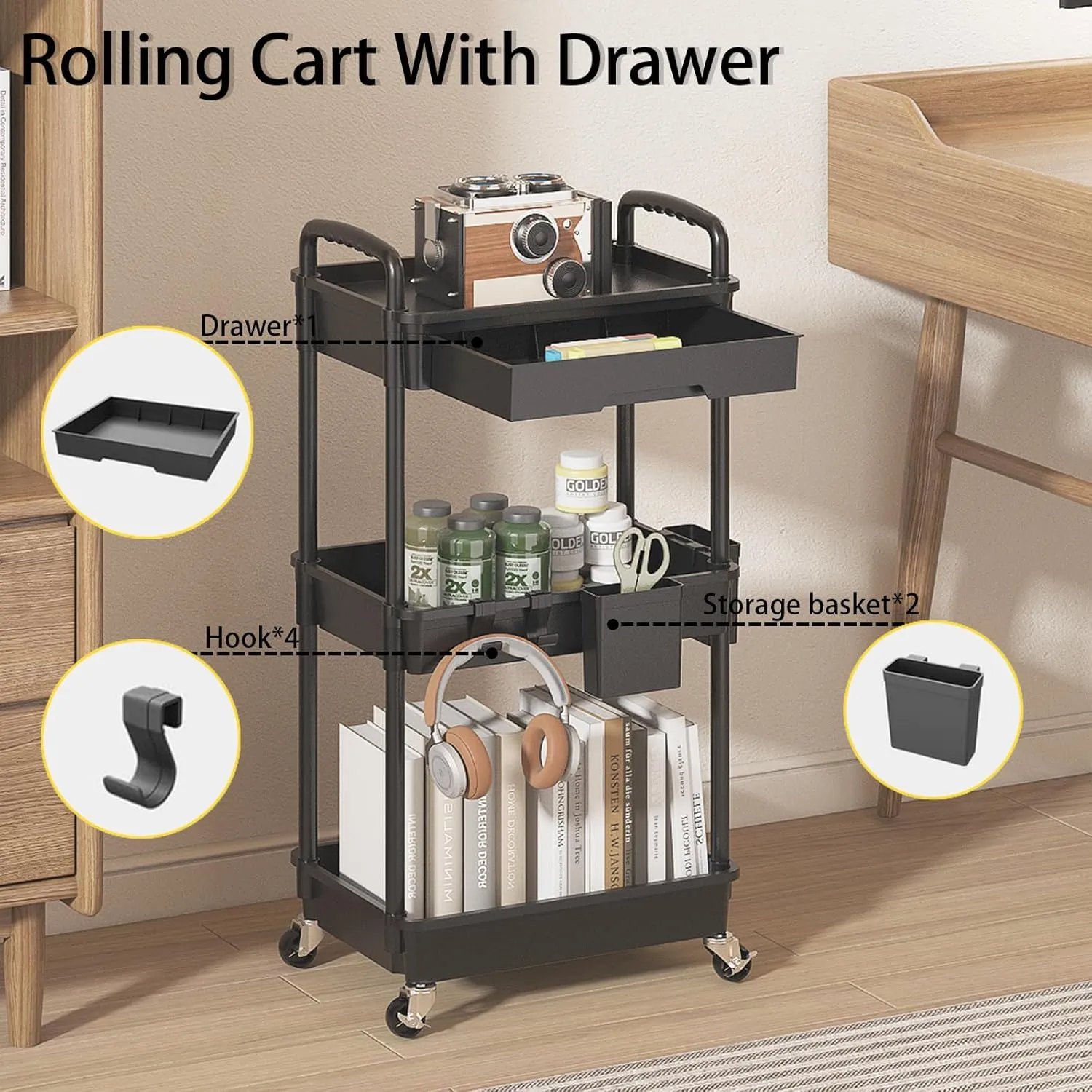 3 Tier Rolling Utility Cart with Drawer, Plastic Storage Organizer Rolling Carts with Wheels Handles Hanging Cups Hooks for Office, Bathroom, Kitchen,Craft Art Room (Black)