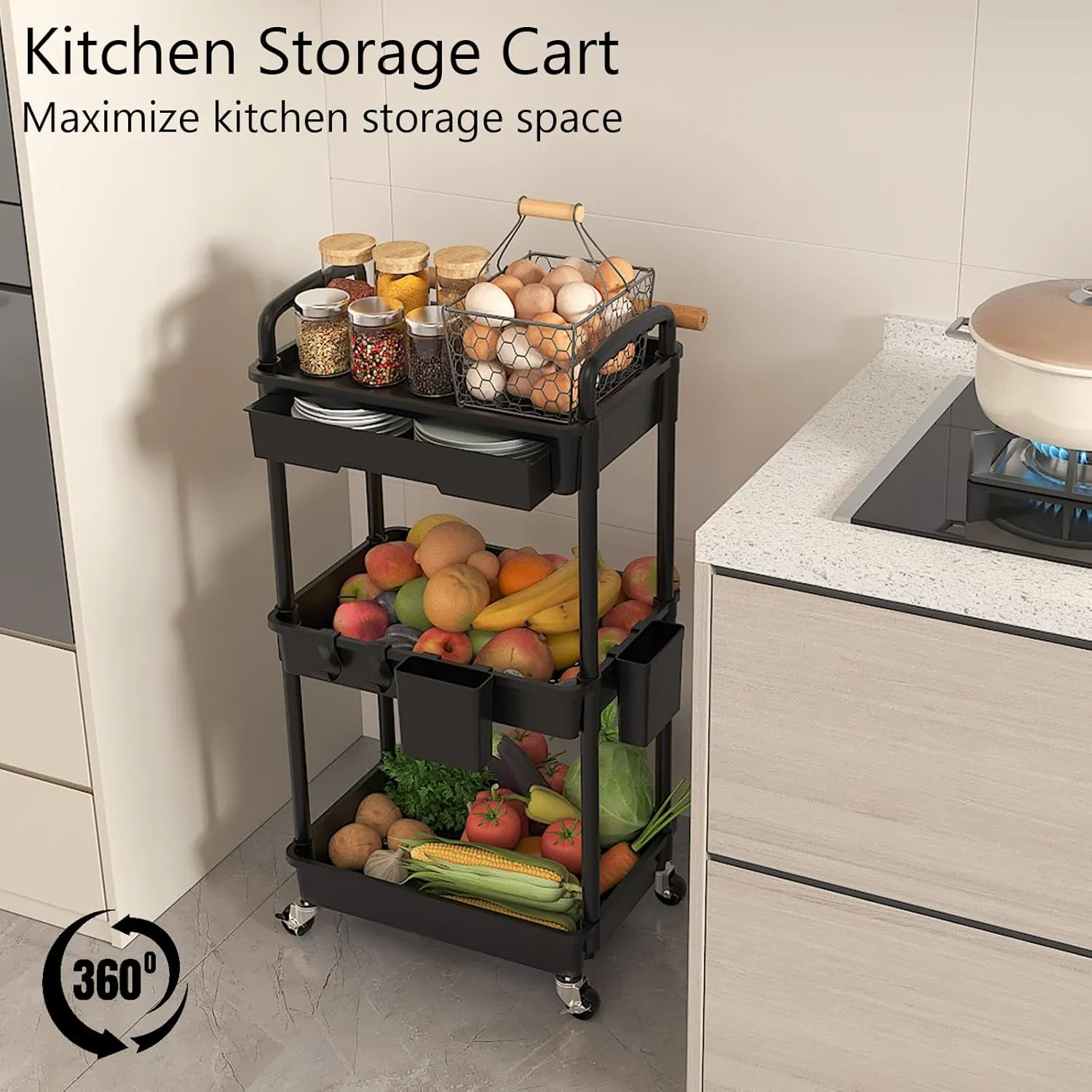 3 Tier Rolling Utility Cart with Drawer, Plastic Storage Organizer Rolling Carts with Wheels Handles Hanging Cups Hooks for Office, Bathroom, Kitchen,Craft Art Room (Black)