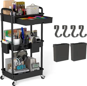 3 Tier Rolling Utility Cart with Drawer, Plastic Storage Organizer Rolling Carts with Wheels Handles Hanging Cups Hooks for Office, Bathroom, Kitchen,Craft Art Room (Black)