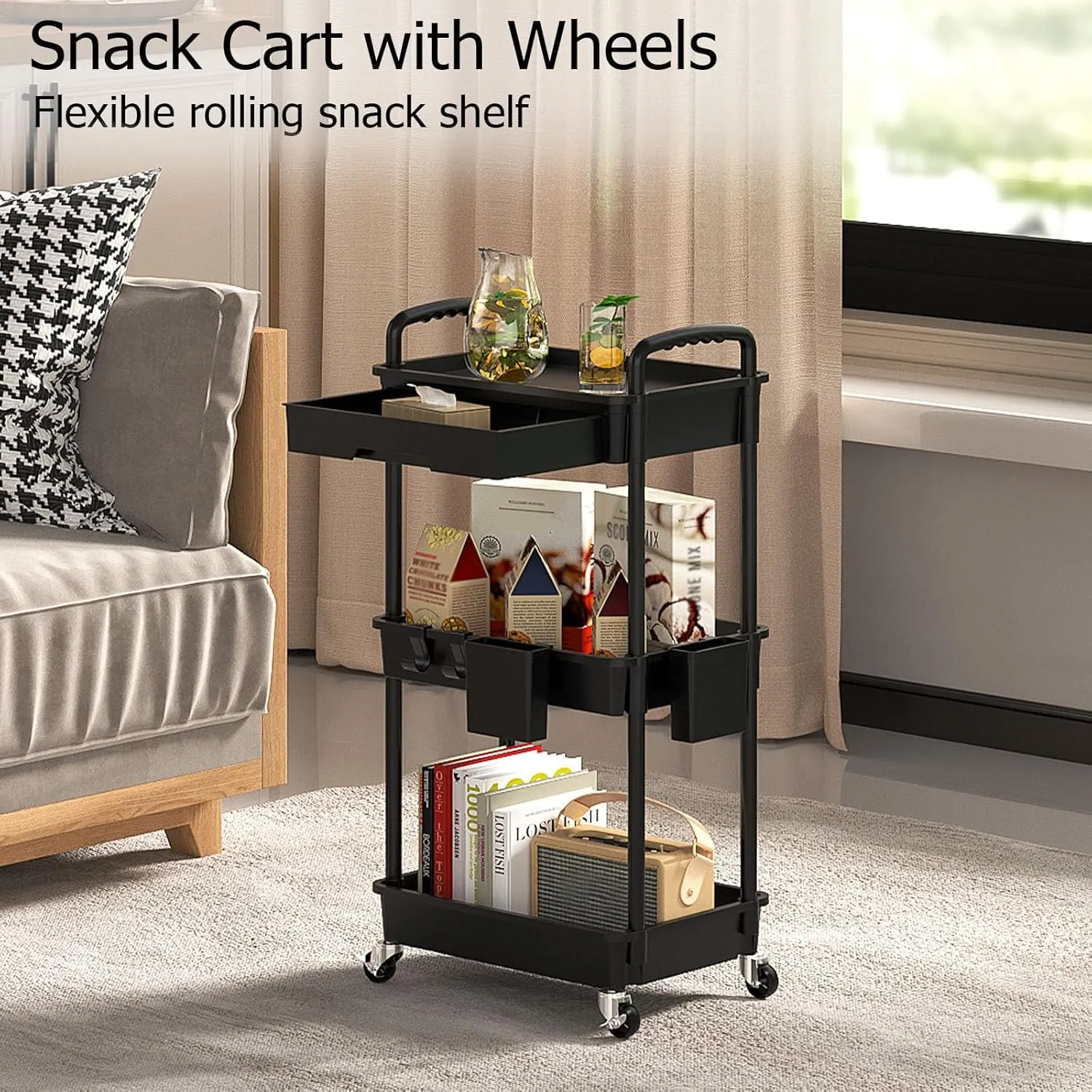 3 Tier Rolling Utility Cart with Drawer, Plastic Storage Organizer Rolling Carts with Wheels Handles Hanging Cups Hooks for Office, Bathroom, Kitchen,Craft Art Room (Black)