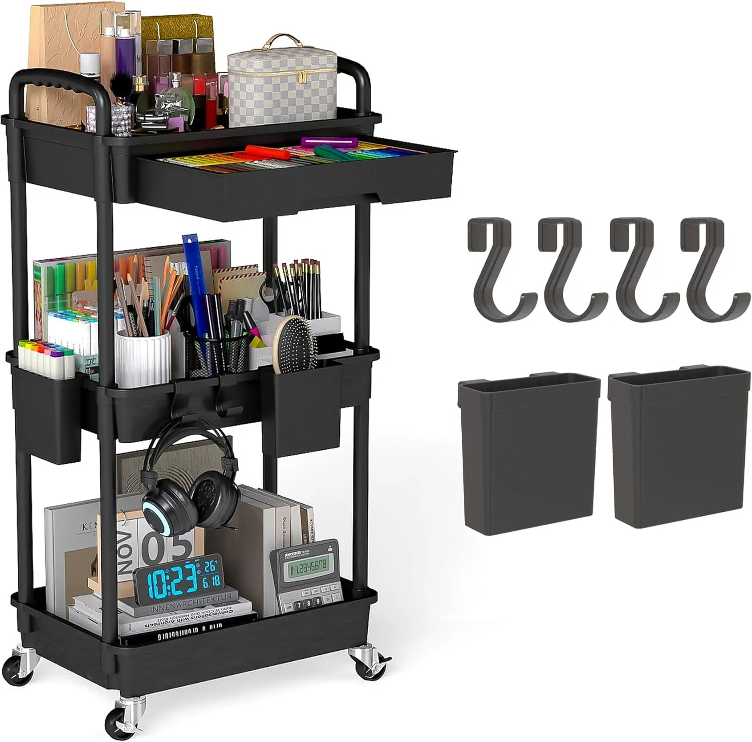 3 Tier Rolling Utility Cart with Drawer, Plastic Storage Organizer Rolling Carts with Wheels Handles Hanging Cups Hooks for Office, Bathroom, Kitchen,Craft Art Room (Black)