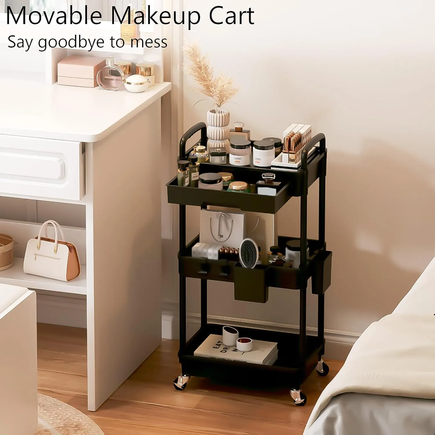3 Tier Rolling Utility Cart with Drawer, Plastic Storage Organizer Rolling Carts with Wheels Handles Hanging Cups Hooks for Office, Bathroom, Kitchen,Craft Art Room (Black)