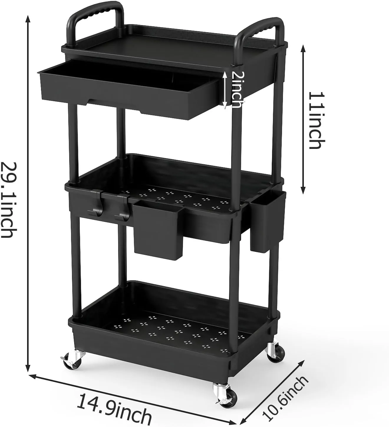3 Tier Rolling Utility Cart with Drawer, Plastic Storage Organizer Rolling Carts with Wheels Handles Hanging Cups Hooks for Office, Bathroom, Kitchen,Craft Art Room (Black)