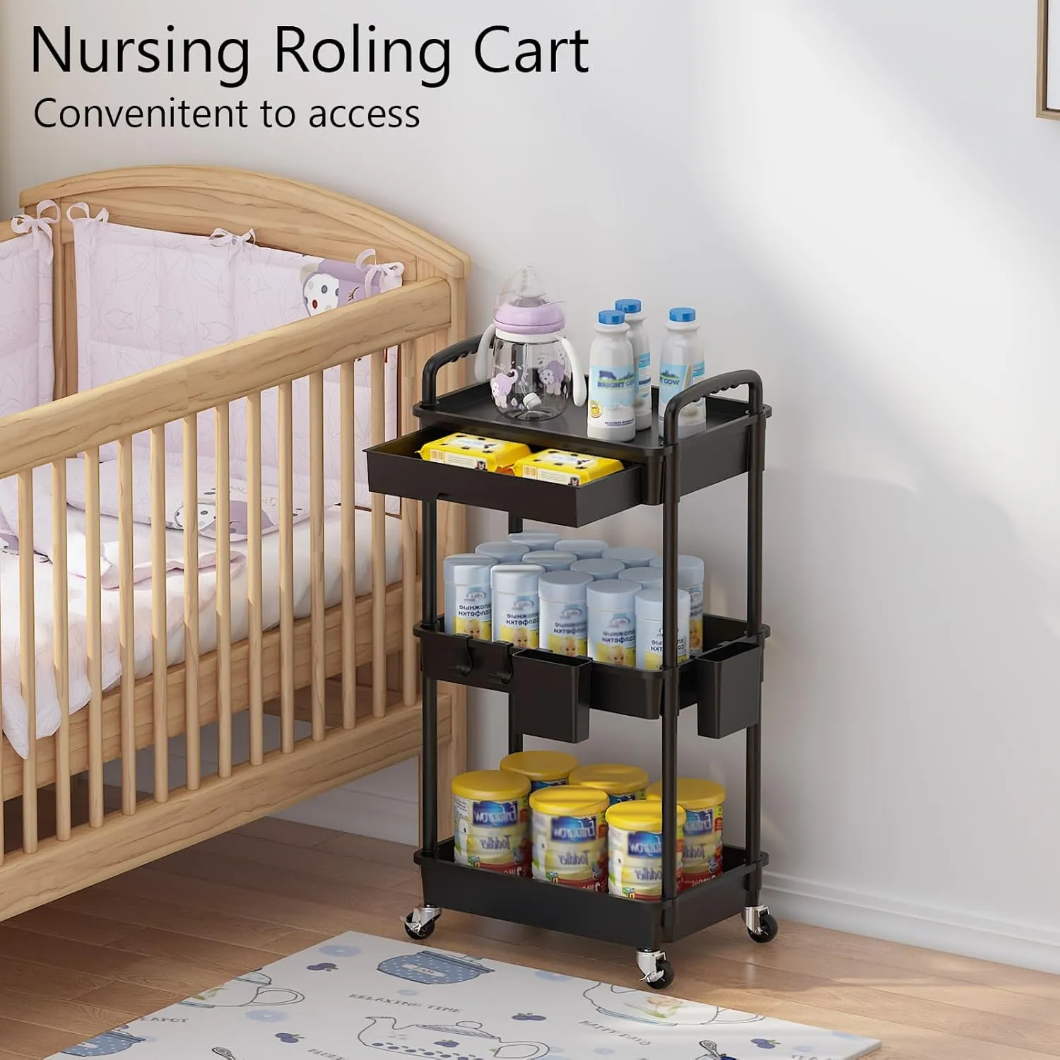 3 Tier Rolling Utility Cart with Drawer, Plastic Storage Organizer Rolling Carts with Wheels Handles Hanging Cups Hooks for Office, Bathroom, Kitchen,Craft Art Room (Black)