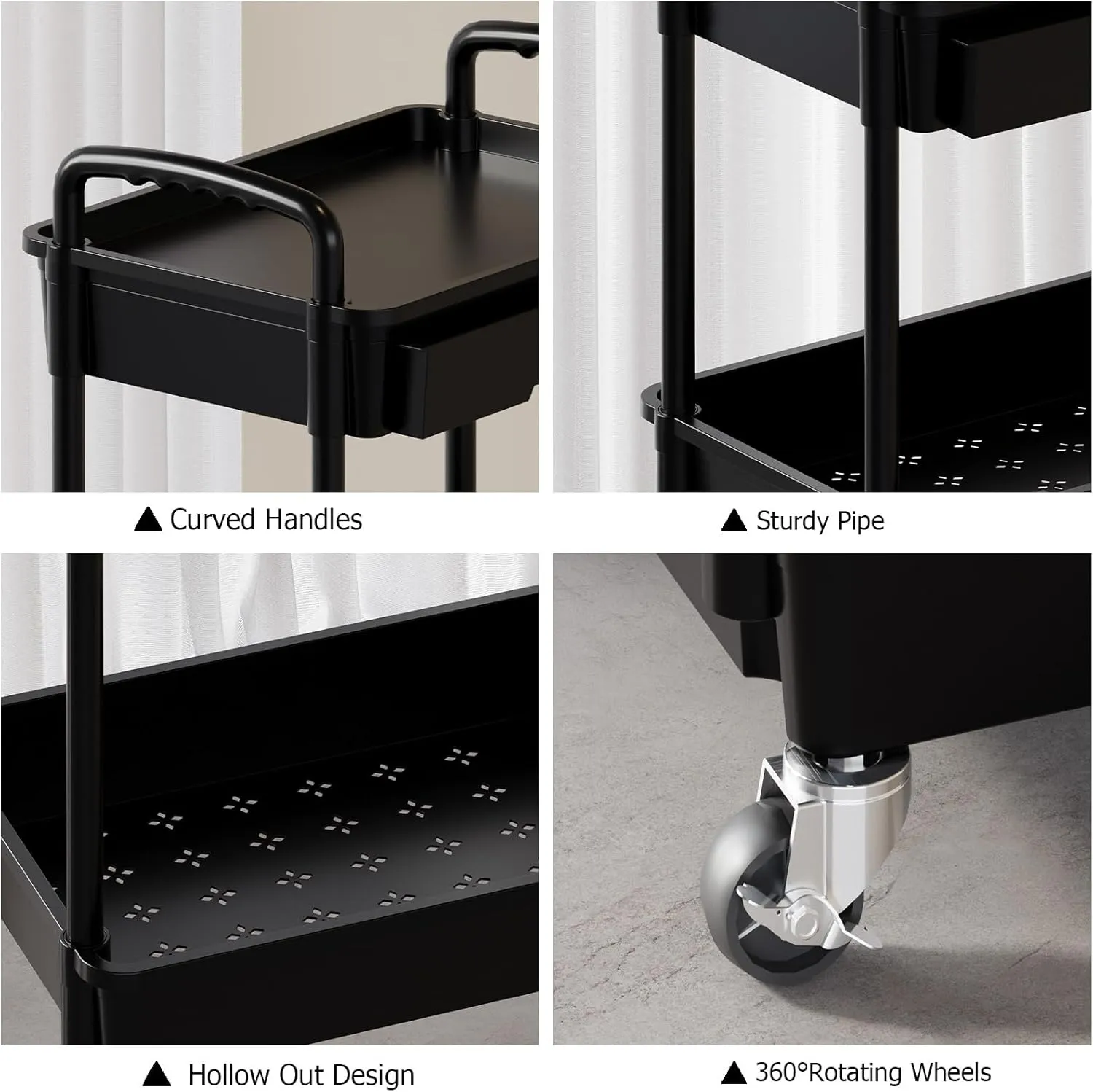 3 Tier Rolling Utility Cart with Drawer, Plastic Storage Organizer Rolling Carts with Wheels Handles Hanging Cups Hooks for Office, Bathroom, Kitchen,Craft Art Room (Black)