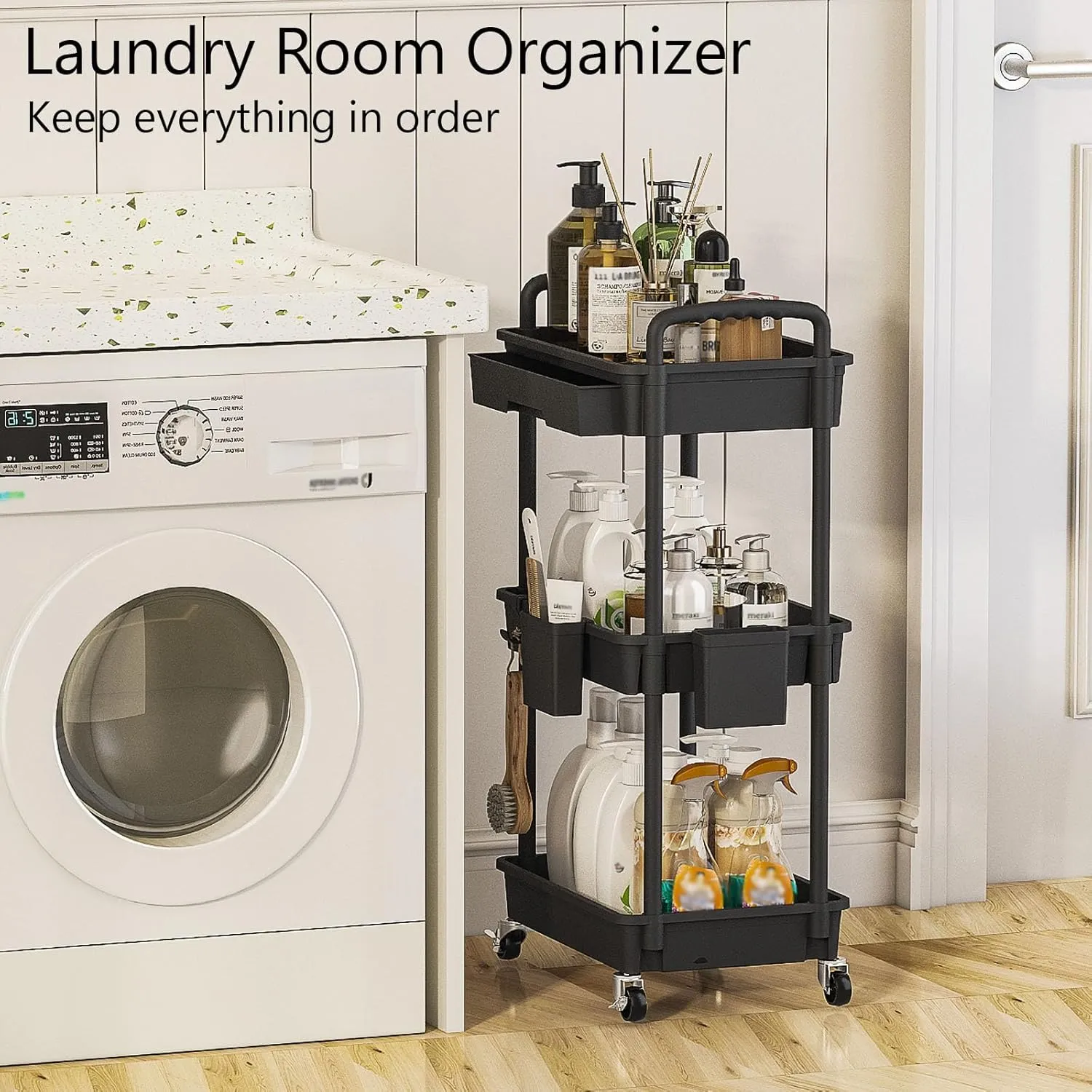 3 Tier Rolling Utility Cart with Drawer, Plastic Storage Organizer Rolling Carts with Wheels Handles Hanging Cups Hooks for Office, Bathroom, Kitchen,Craft Art Room (Black)