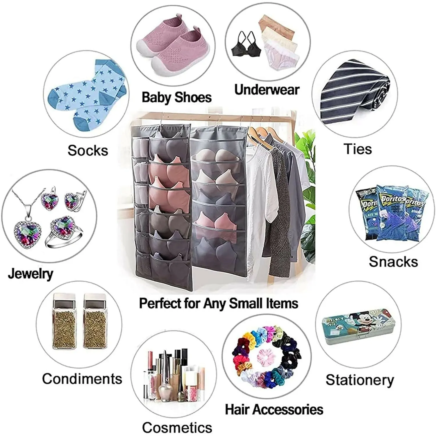 30-Pocket Hanging Wardrobe Organizer for Innerwear & Socks (Grey, Pack of 2, 78x40cm)