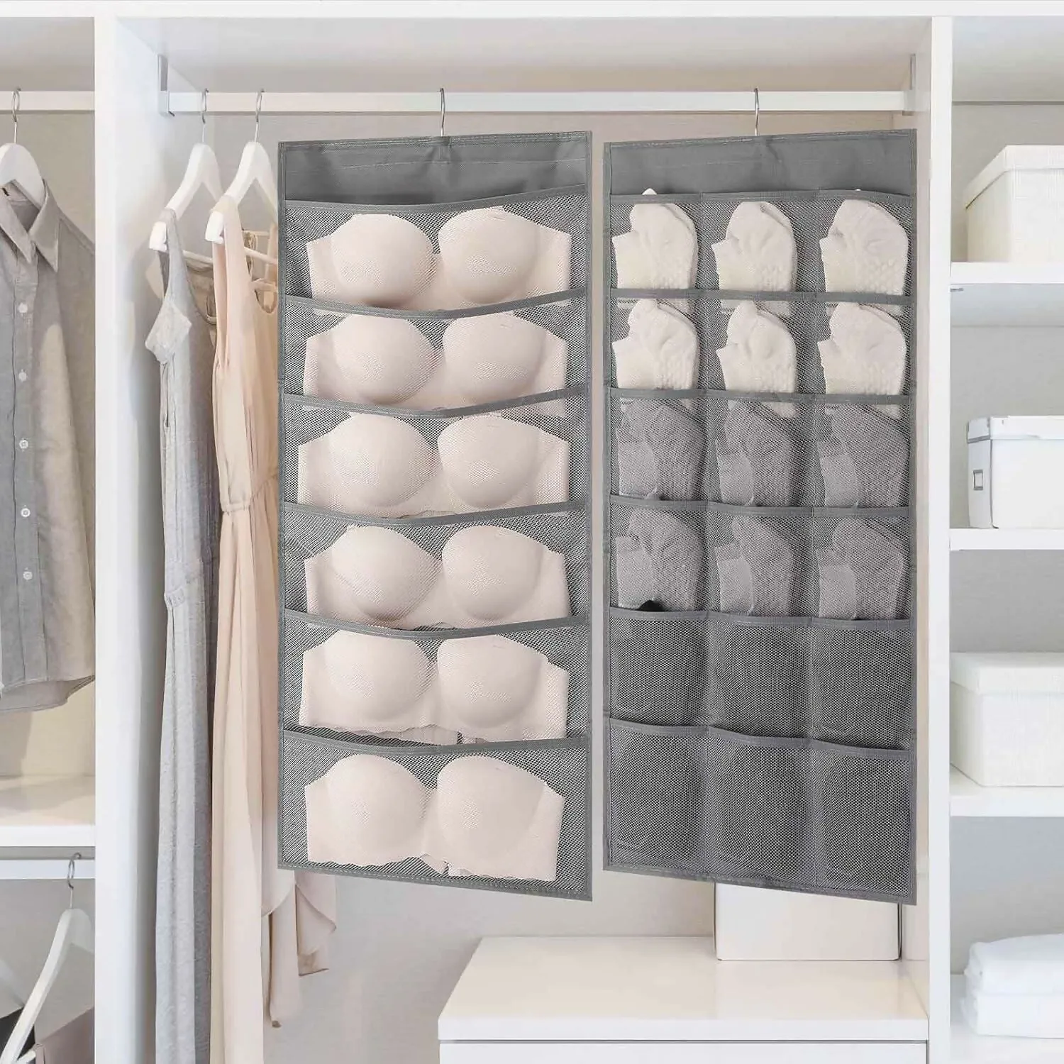 30-Pocket Hanging Wardrobe Organizer for Innerwear & Socks (Grey, Pack of 2, 78x40cm)