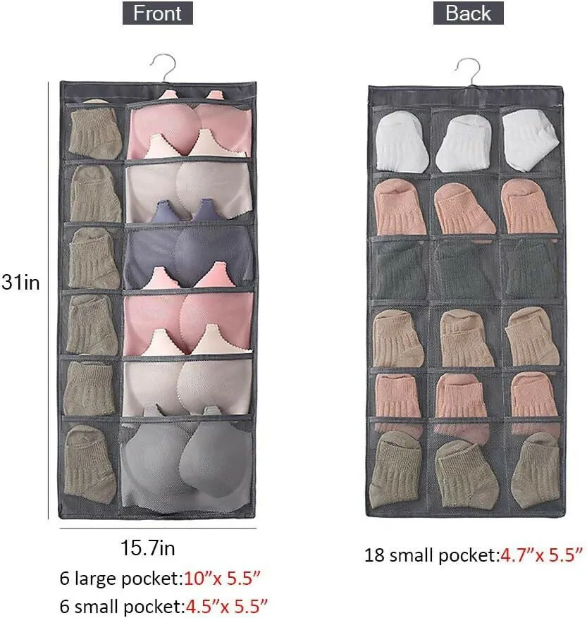 30-Pocket Hanging Wardrobe Organizer for Innerwear & Socks (Grey, Pack of 2, 78x40cm)