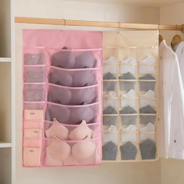 30-Pocket Hanging Wardrobe Organizer for Innerwear & Socks (Pink, Pack of 2, 78x40cm)