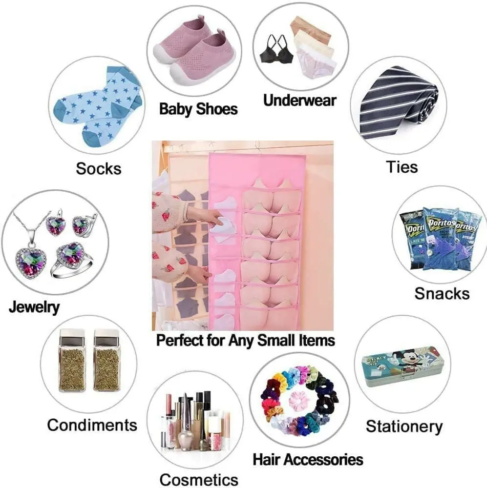 30-Pocket Hanging Wardrobe Organizer for Innerwear & Socks (Pink, Pack of 2, 78x40cm)