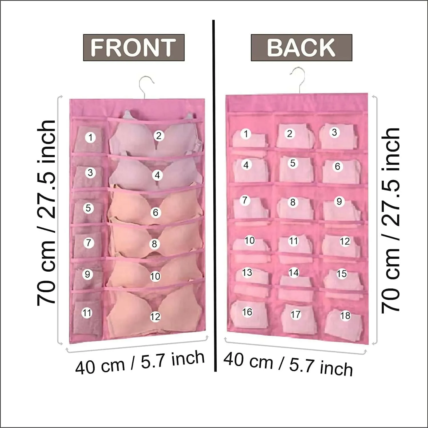 30-Pocket Hanging Wardrobe Organizer for Innerwear & Socks (Pink, Pack of 2, 78x40cm)