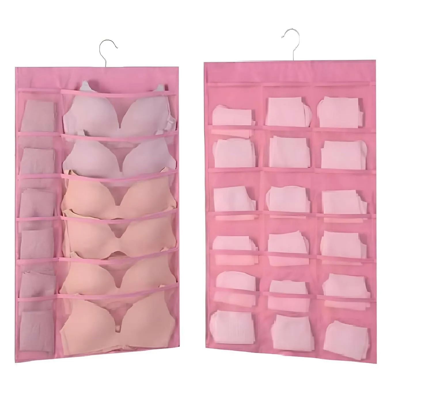 30-Pocket Hanging Wardrobe Organizer for Innerwear & Socks (Pink, Pack of 2, 78x40cm)