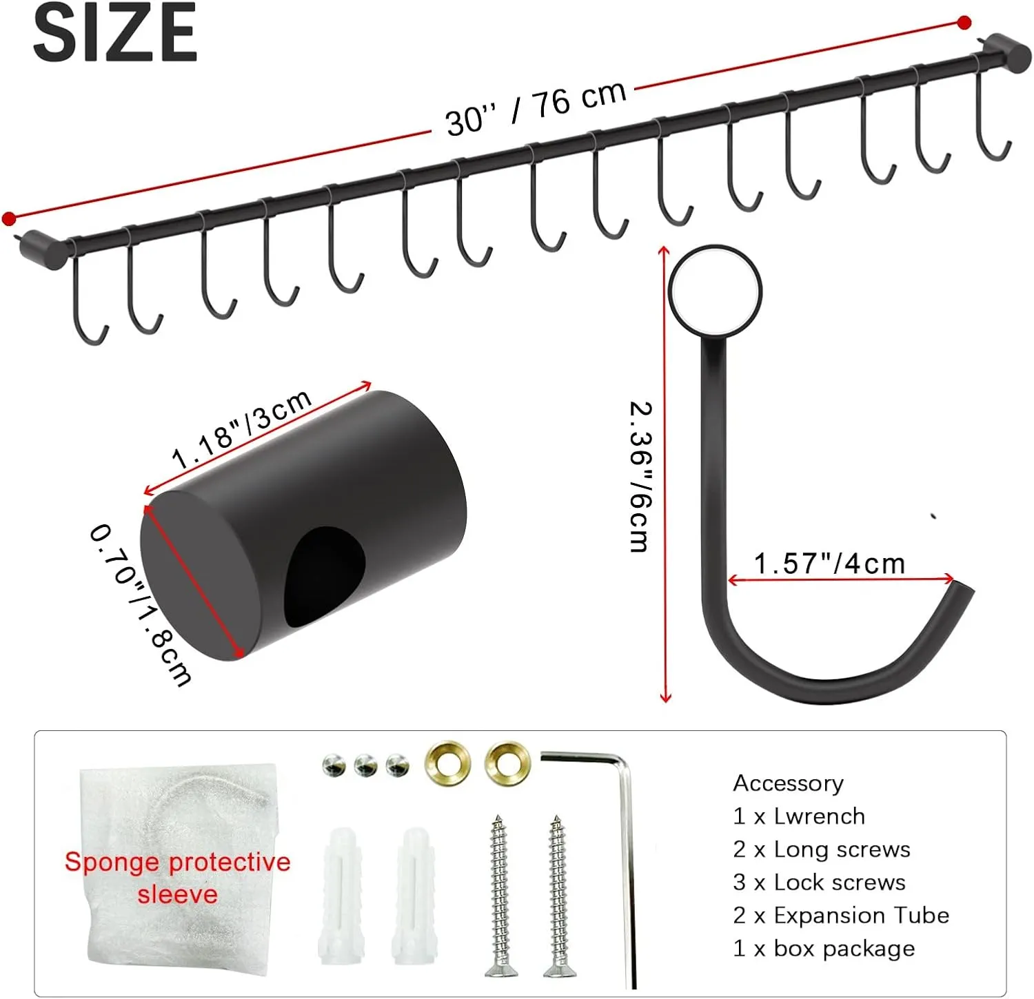 304 Stainless Steel Kitchen Utensil Hanger - 30 Inch Wall Mount with 15 Pcs Noiseless Sliding Hooks, Pots and Pans Hanging Rack, Organizer Storage for Spoon Peeler, Black
