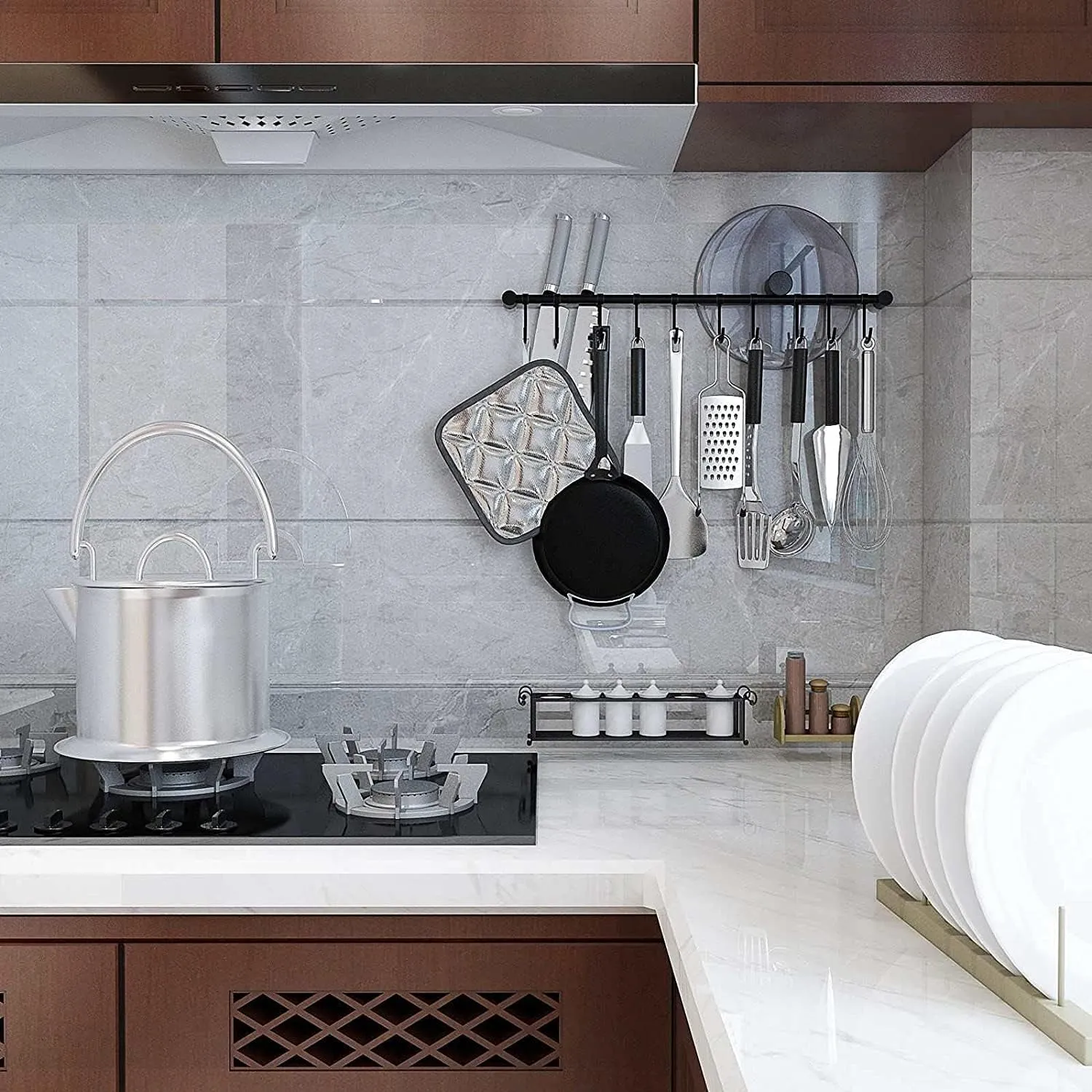 304 Stainless Steel Kitchen Utensil Hanger - 30 Inch Wall Mount with 15 Pcs Noiseless Sliding Hooks, Pots and Pans Hanging Rack, Organizer Storage for Spoon Peeler, Black