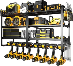 33" W Power Tool Organizer Wall Mount with 8 Drill Holders, 4-Layer Garage Tool Organization and Storage Rack, Hanging Tool Shelf with Screwdriver, Plier, and Hammer Holder for Workshop Garage