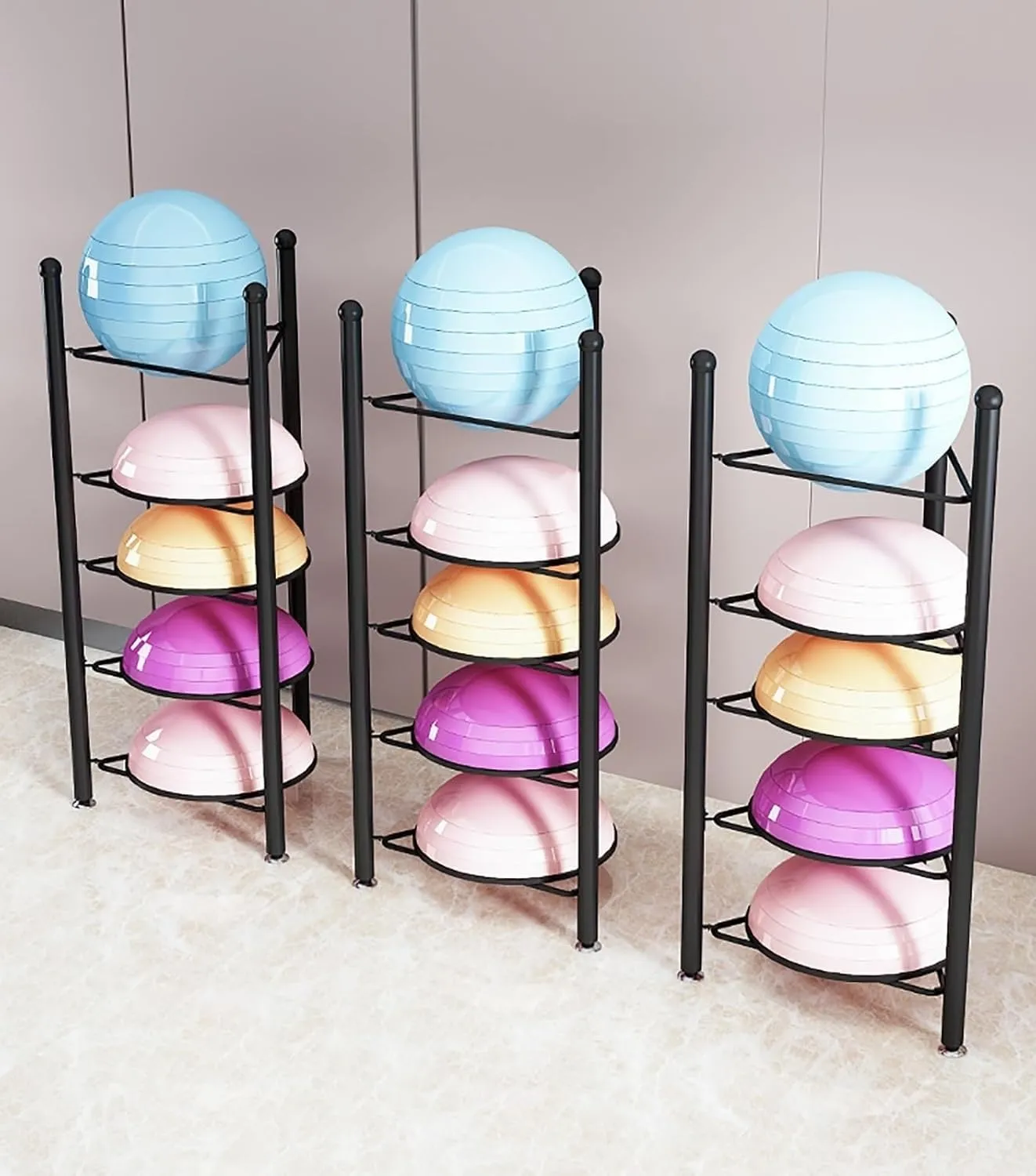 3/5/6/7 Tier Floor Stand Storage Organizer Exercise Half Balance Ball Storage Rack, Home Gym Workout Equipment for Bosu Slam Bowling Medicine Balls(Black,5 Layer - 51jin)