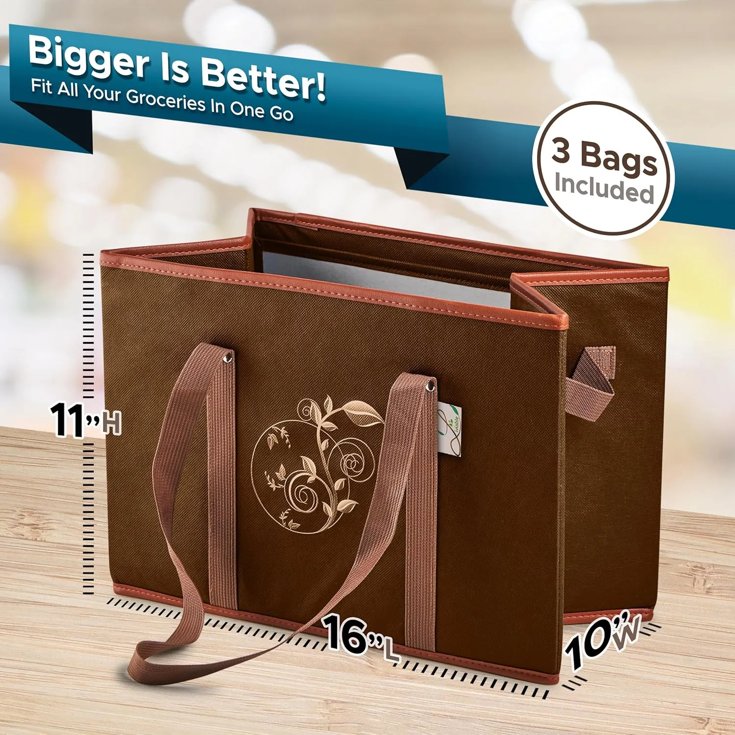 3pc, Large Reusable Sturdy Heavy Duty Grocery Box Bags, Foldable Shopping Cart Basket, Carrier Tote with Long Handles and Hard Bottom, Brown