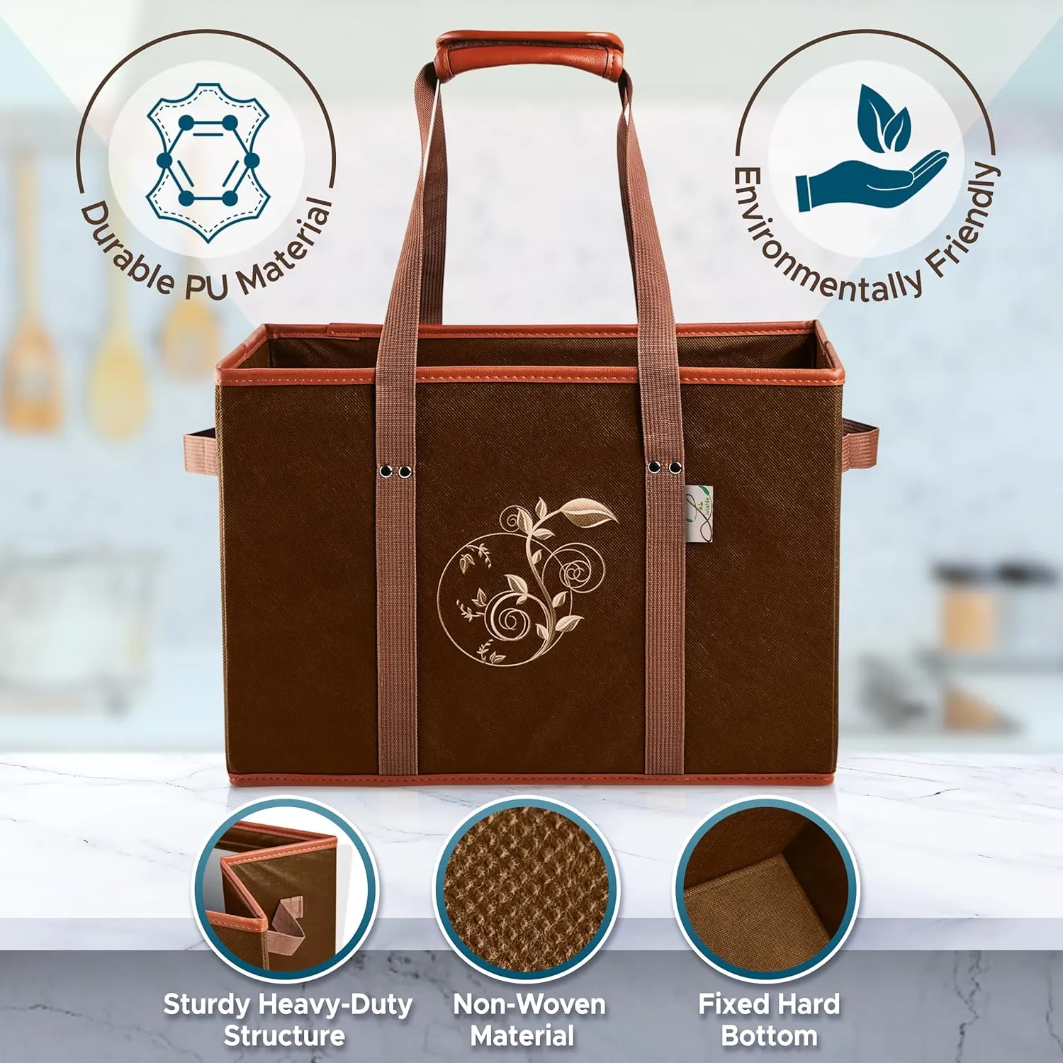 3pc, Large Reusable Sturdy Heavy Duty Grocery Box Bags, Foldable Shopping Cart Basket, Carrier Tote with Long Handles and Hard Bottom, Brown