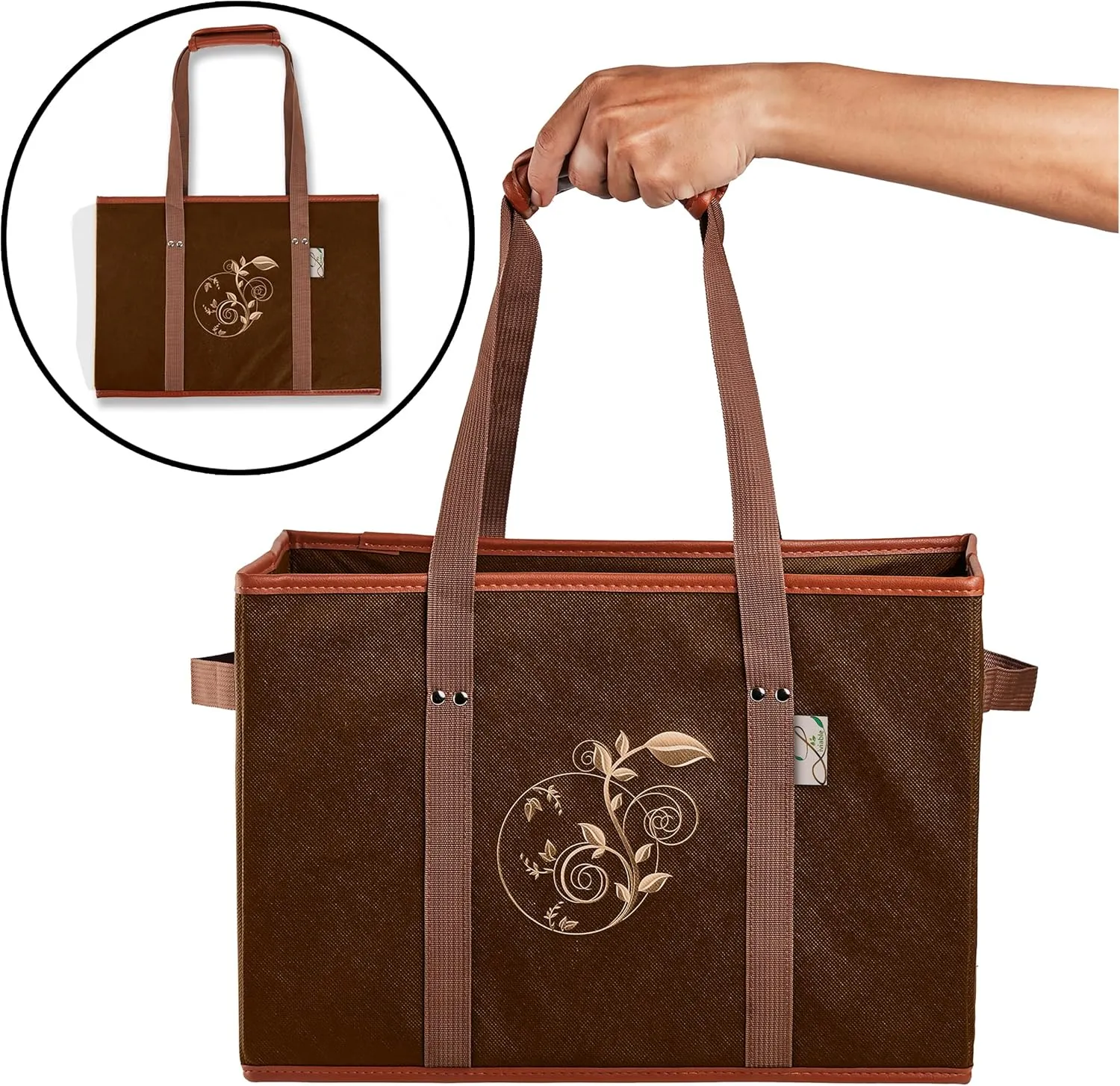 3pc, Large Reusable Sturdy Heavy Duty Grocery Box Bags, Foldable Shopping Cart Basket, Carrier Tote with Long Handles and Hard Bottom, Brown