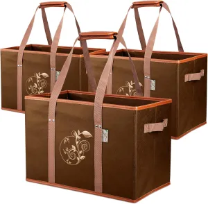 3pc, Large Reusable Sturdy Heavy Duty Grocery Box Bags, Foldable Shopping Cart Basket, Carrier Tote with Long Handles and Hard Bottom, Brown