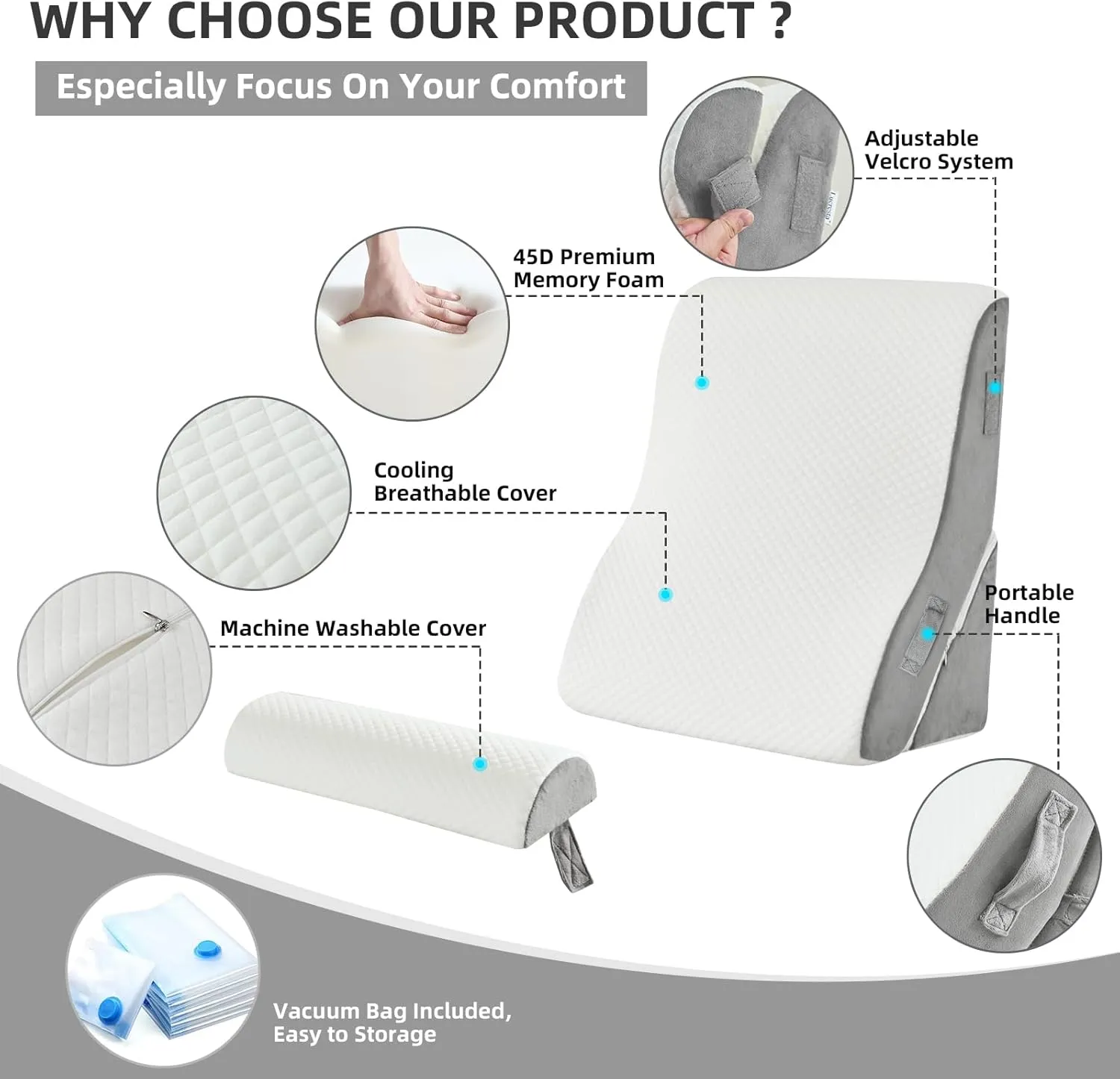 3PCS Orthopedic Bed Wedge Pillow Set, 45D Memory Foam Wedge Pillow Post Surgery for Back, Leg and Knee Support, Wider Adjustable Triangle Pillow Set for Sleeping, Acid Reflux, Anti-Snoring