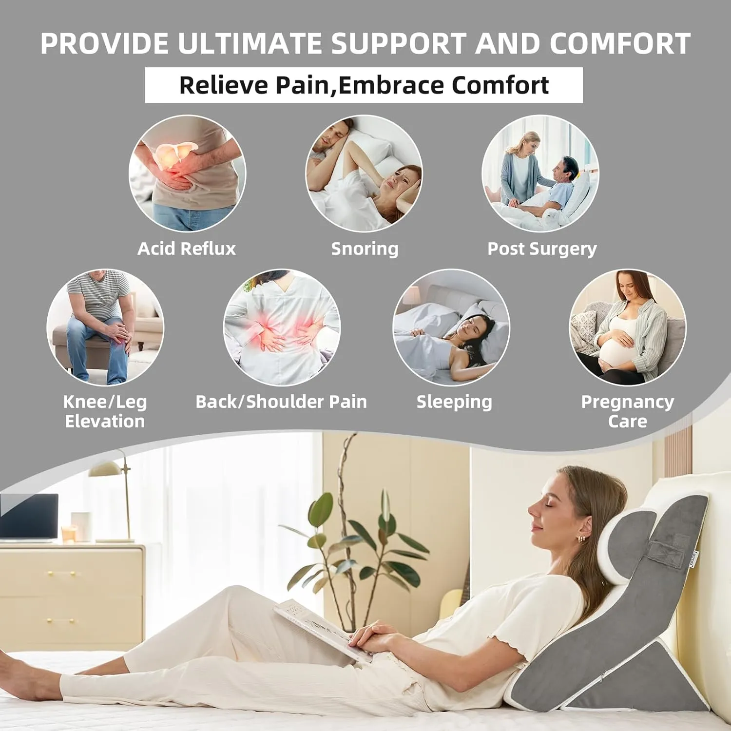 3PCS Orthopedic Bed Wedge Pillow Set, 45D Memory Foam Wedge Pillow Post Surgery for Back, Leg and Knee Support, Wider Adjustable Triangle Pillow Set for Sleeping, Acid Reflux, Anti-Snoring