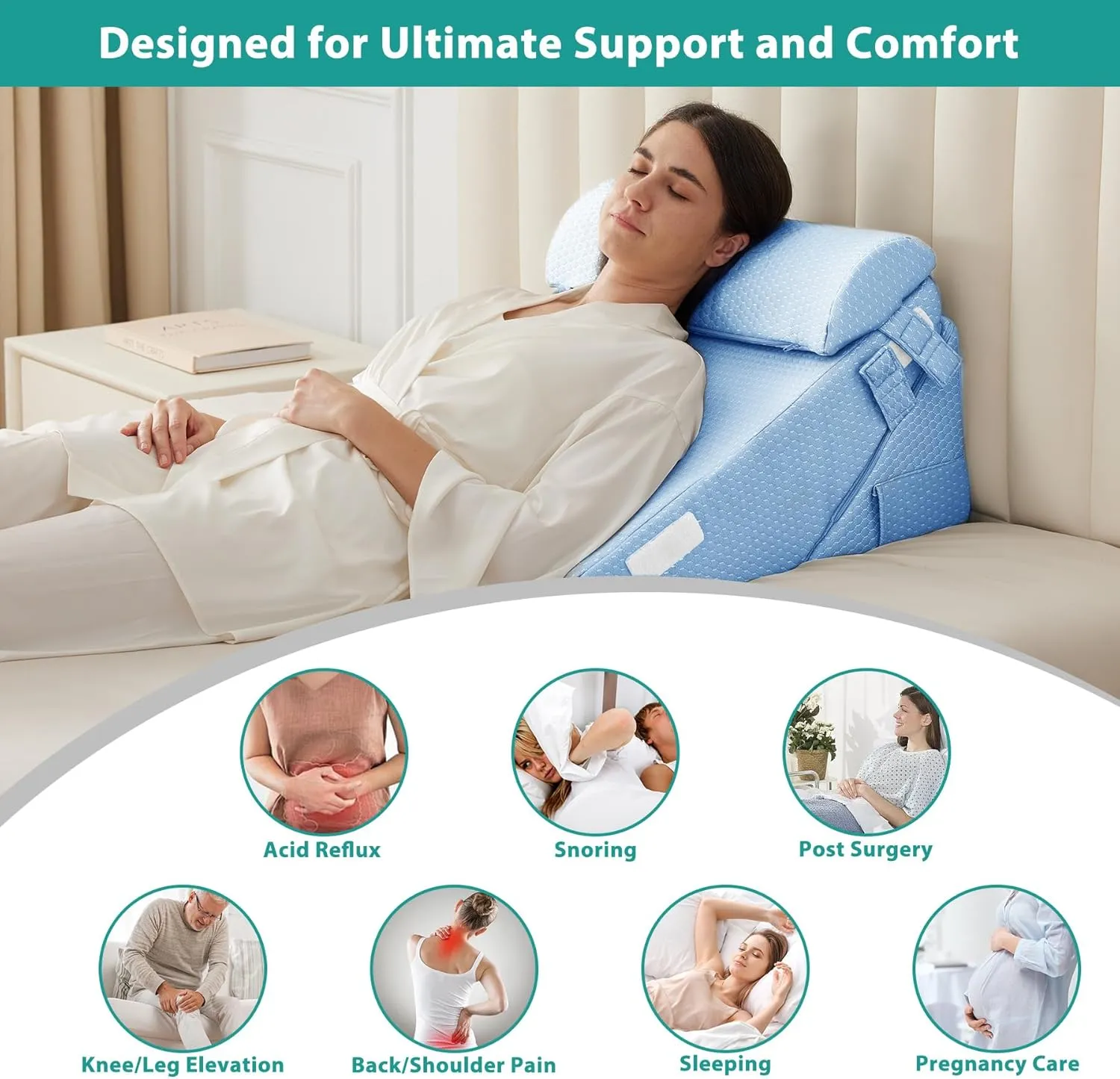 3Pcs Orthopedic Bed Wedge Pillow Set, Foam Wedge Pillow Post Surgery for Back, Leg and Knee Support, Adjustable 9&12 Inch Folding Triangle Pillow for Sleeping, Acid Reflux, Snoring, Light Blue
