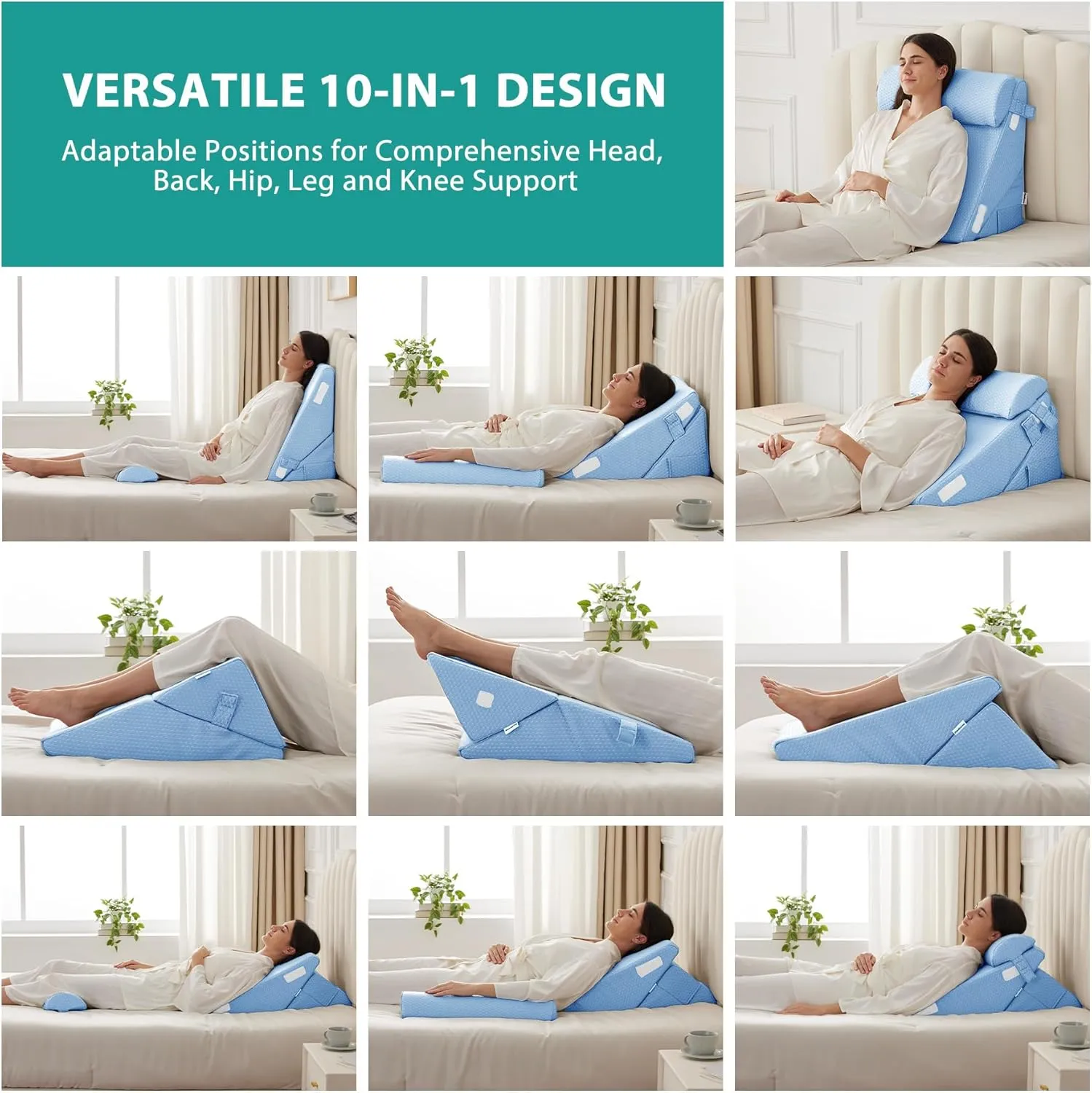 3Pcs Orthopedic Bed Wedge Pillow Set, Foam Wedge Pillow Post Surgery for Back, Leg and Knee Support, Adjustable 9&12 Inch Folding Triangle Pillow for Sleeping, Acid Reflux, Snoring, Light Blue